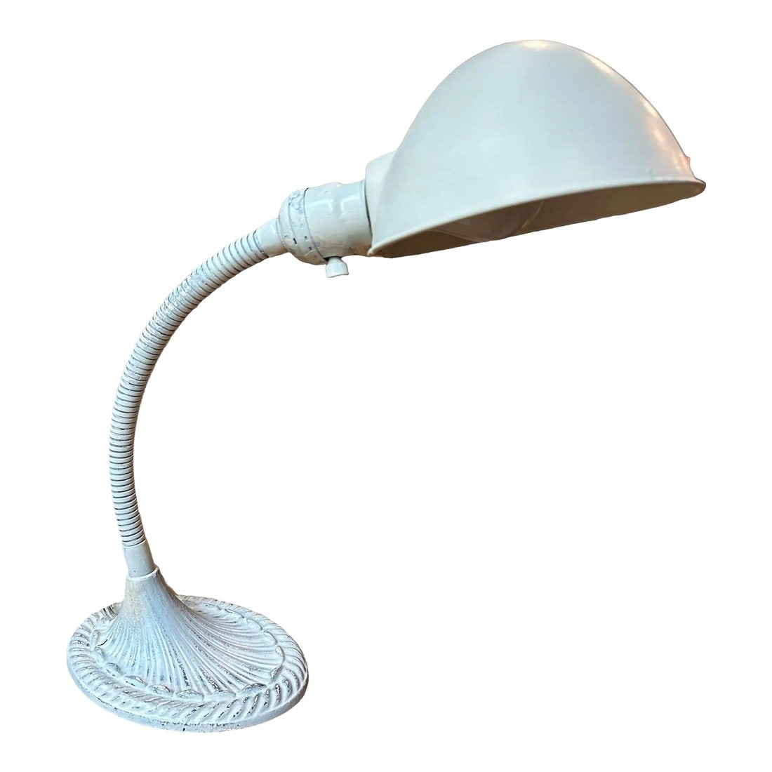 Early 20th Century Cast Iron Gooseneck Desk Table Lamp by Eagle: Early 20th century cast iron desk lamp by Eagle. Gooseneck which is adjustable and freshly painted inside and out maintaining distressed vintage styling. This base has beautiful rim braid design. Mark