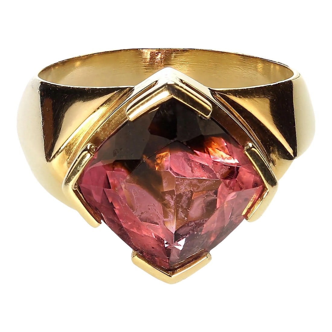 Pink & Green Tourmaline in 18k Yellow Ring Size 6: This is part of Chairish's Fine Jewelry assortment. Exquisite Brazilian Tourmaline Ring in 18K Yellow Gold Discover the perfect gift with this stunning Brazilian Cushion Cut Tourmaline Ring,