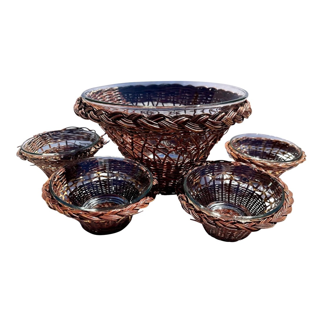 Vintage Anchor Hocking Wicker/Glass Bowl Set: Vintage Anchor Hocking Glass Bowl Set with Wicker surround. Great for a bbq or luncheon party. Bowl-7h x 11.5in round w/wicker Sm - 6in h x 3in Glass only large bowl 6in h x 10.25 Sm-5.25in x 2.5in