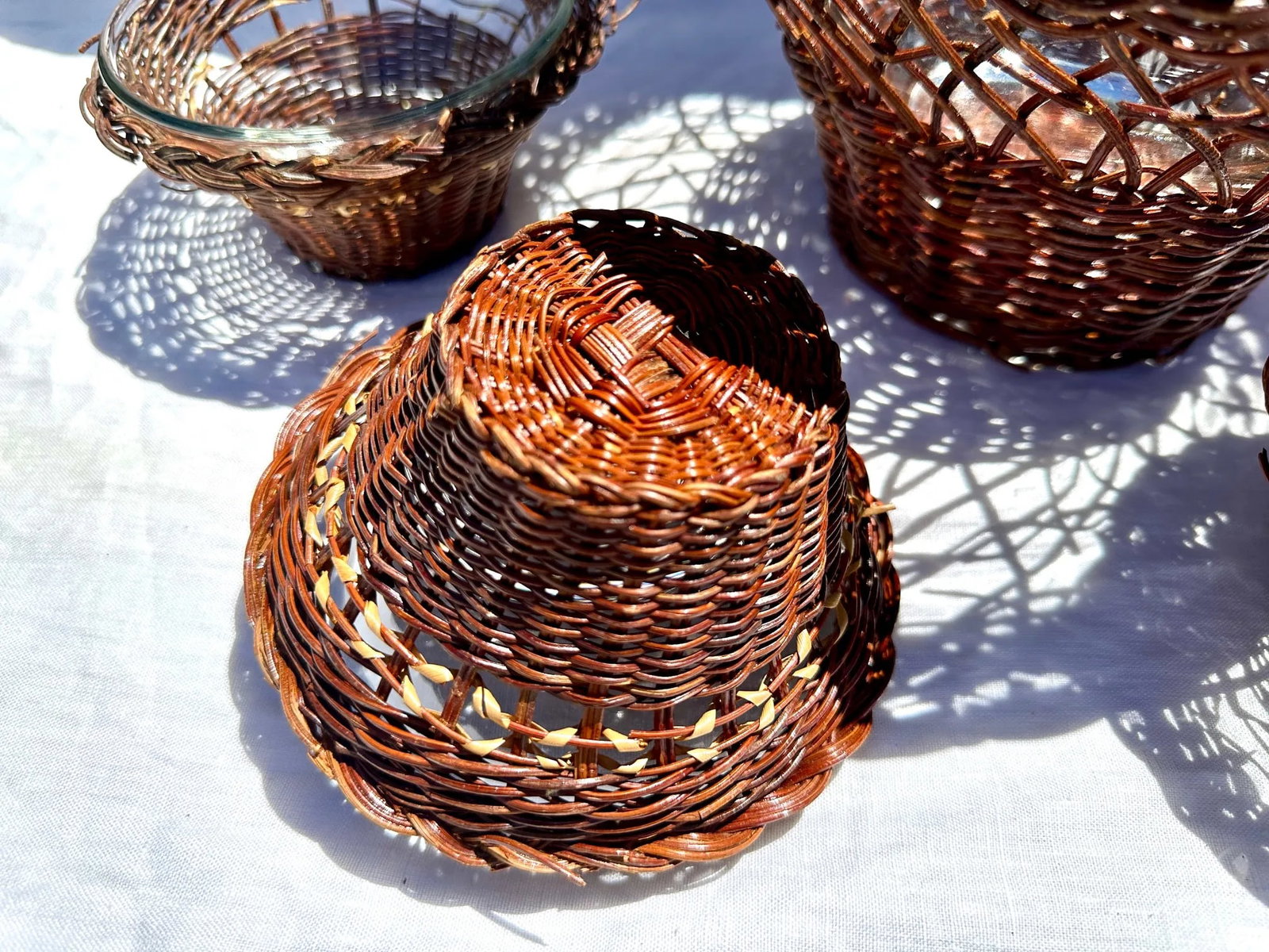 Vintage Anchor Hocking Wicker/Glass Bowl Set - 3
