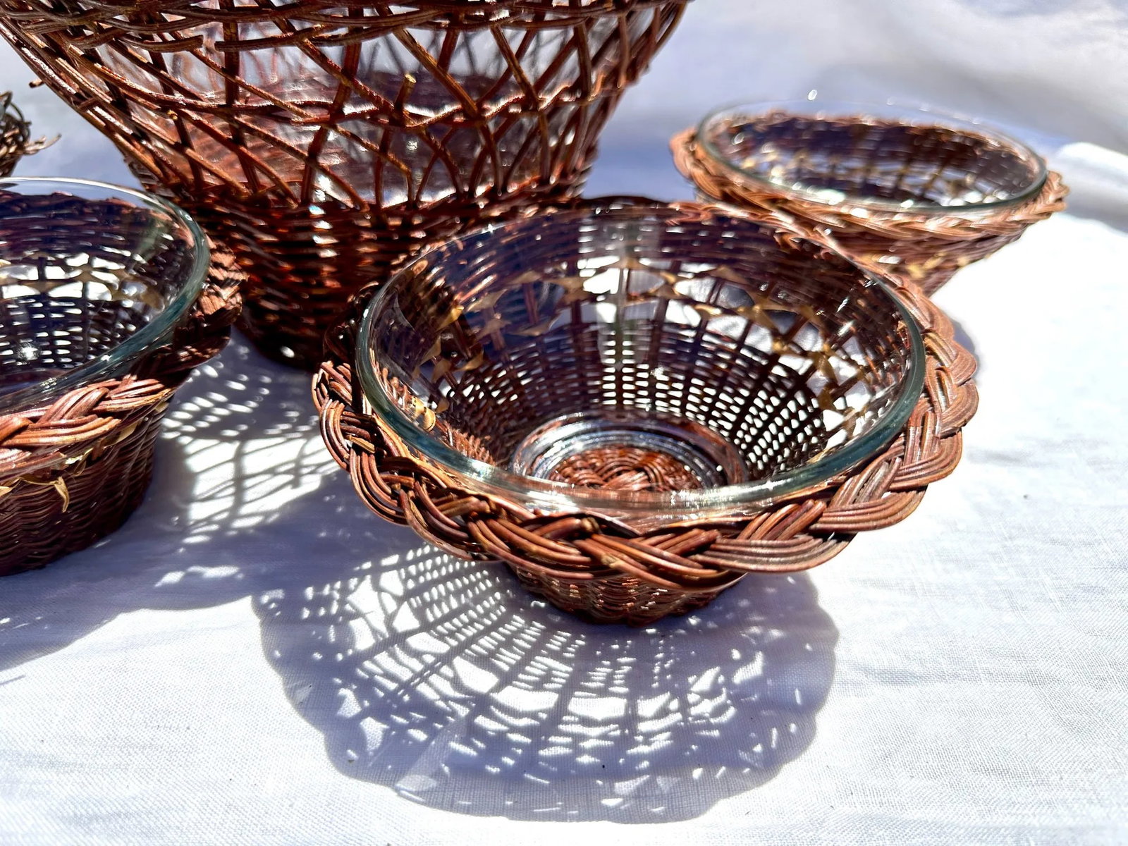 Vintage Anchor Hocking Wicker/Glass Bowl Set - 5