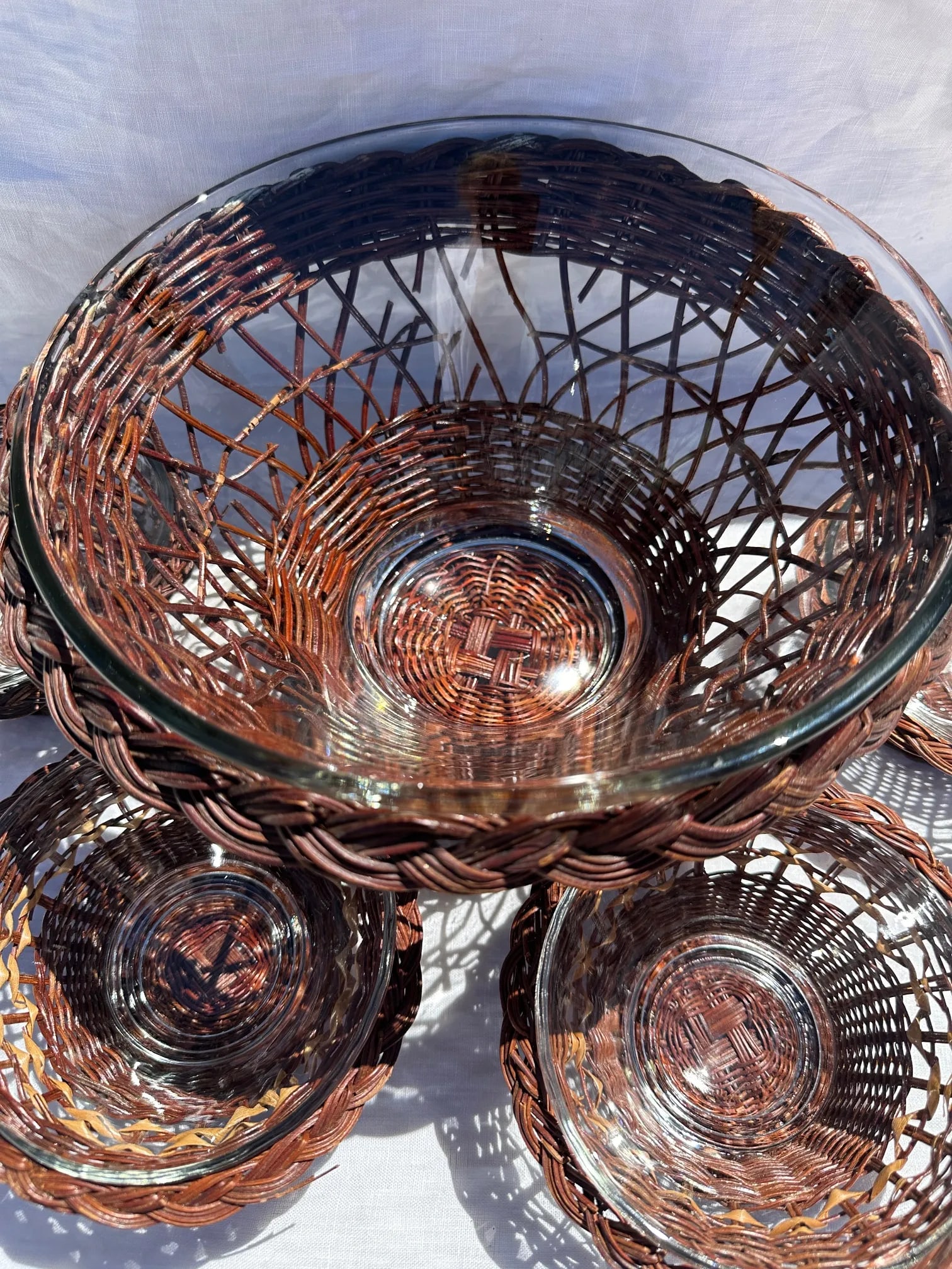 Vintage Anchor Hocking Wicker/Glass Bowl Set - 6