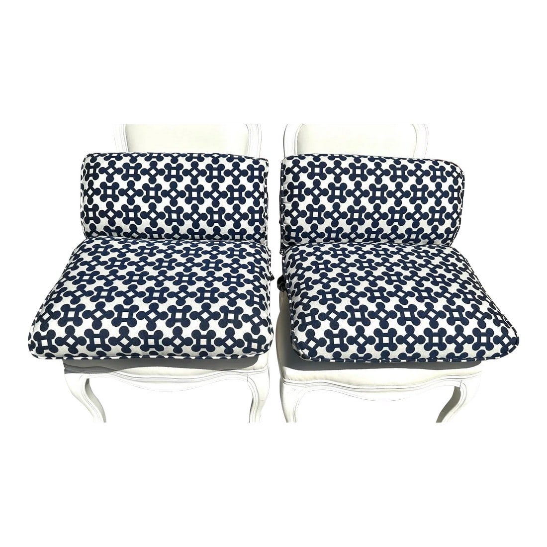 Pair of Navy Blue & White Geometric Outdoor Chair Cushions: Beautiful Blue & White Outdoor Chair Cushion in a Geometric square Pattern. Great on a white or rattan chair. 22in w x28in length x 5in h seat 22x17d back rest 22x11h Make sure to follow me, I have