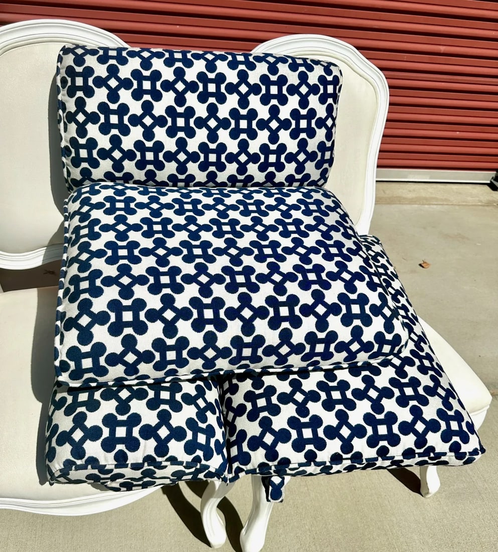 Pair of Navy Blue & White Geometric Outdoor Chair Cushions - 2