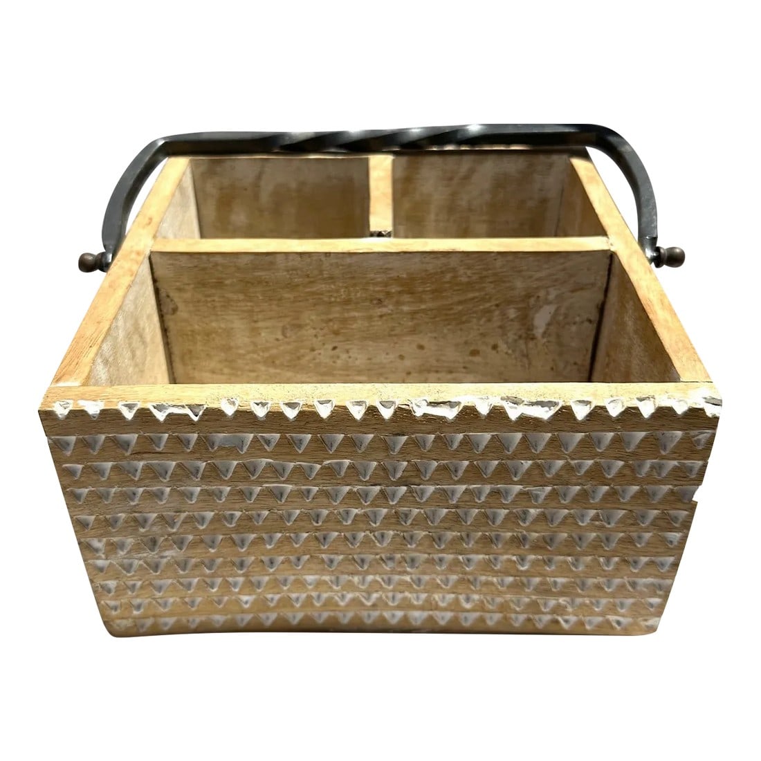 Farmhouse Carved Wood Utensil Holder: Farmhouse to boho style carved wood utensil holder with wrought iron handle, just in time for summer bbq's. 8x8x4.5in h '8in h to handle 9.5in w outside measurement to handles Make sure to follow me,