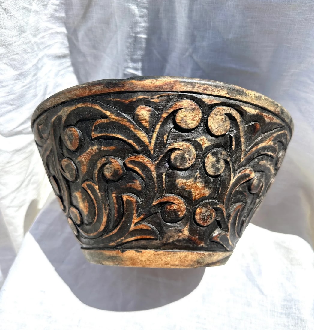 Primitive Style Blackened Carved Wood Bowl - 2