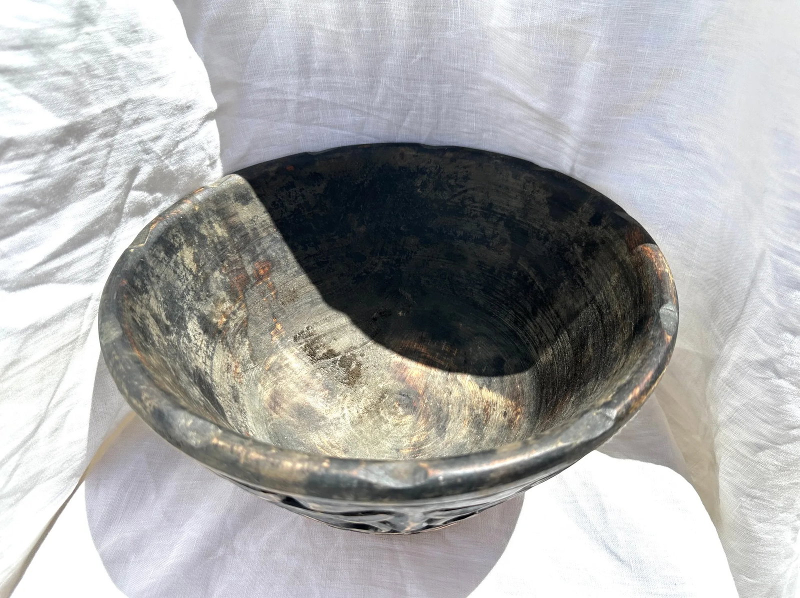 Primitive Style Blackened Carved Wood Bowl - 3