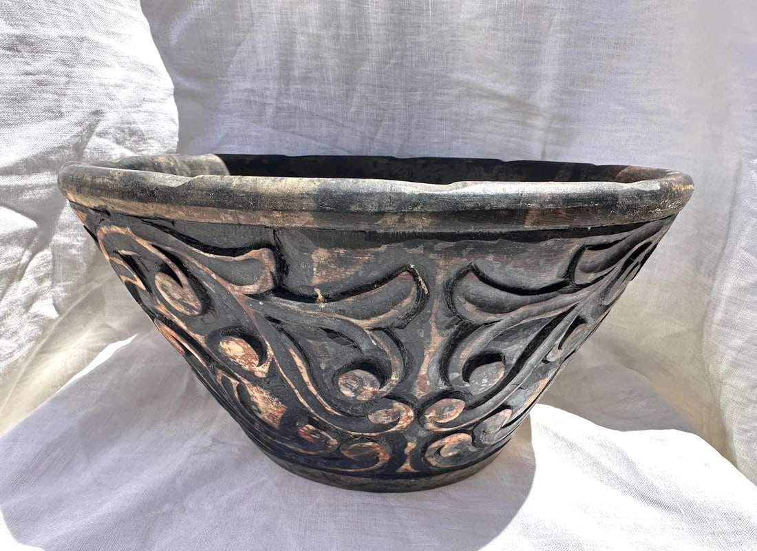 Primitive Style Blackened Carved Wood Bowl - 4