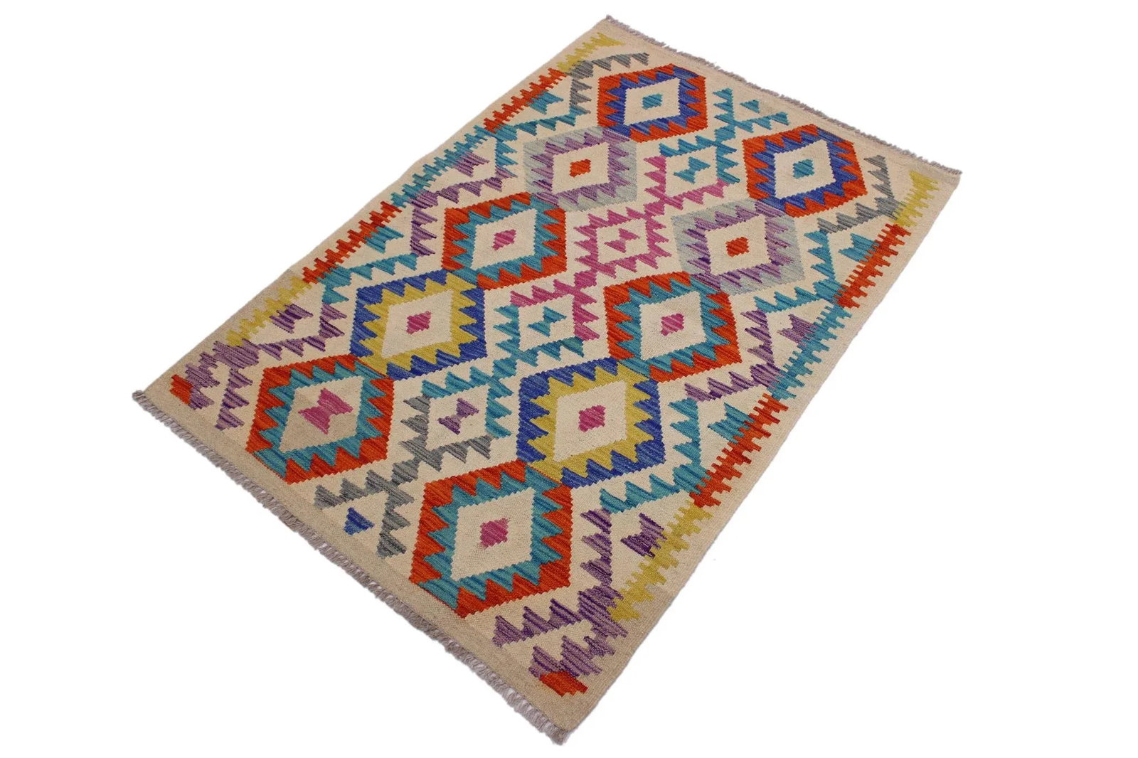 Tribal Kilim Ivory/Blue Hand-Woven Wool Rug - 3'2 X 4'9 - 2