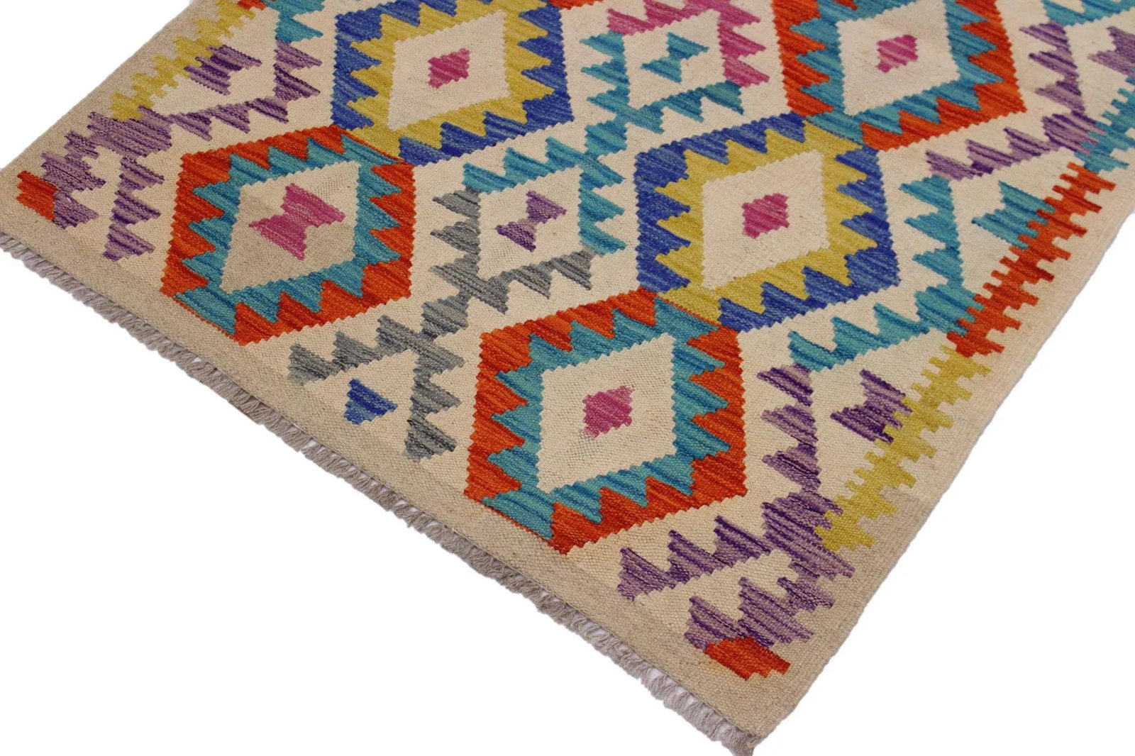 Tribal Kilim Ivory/Blue Hand-Woven Wool Rug - 3'2 X 4'9 - 3