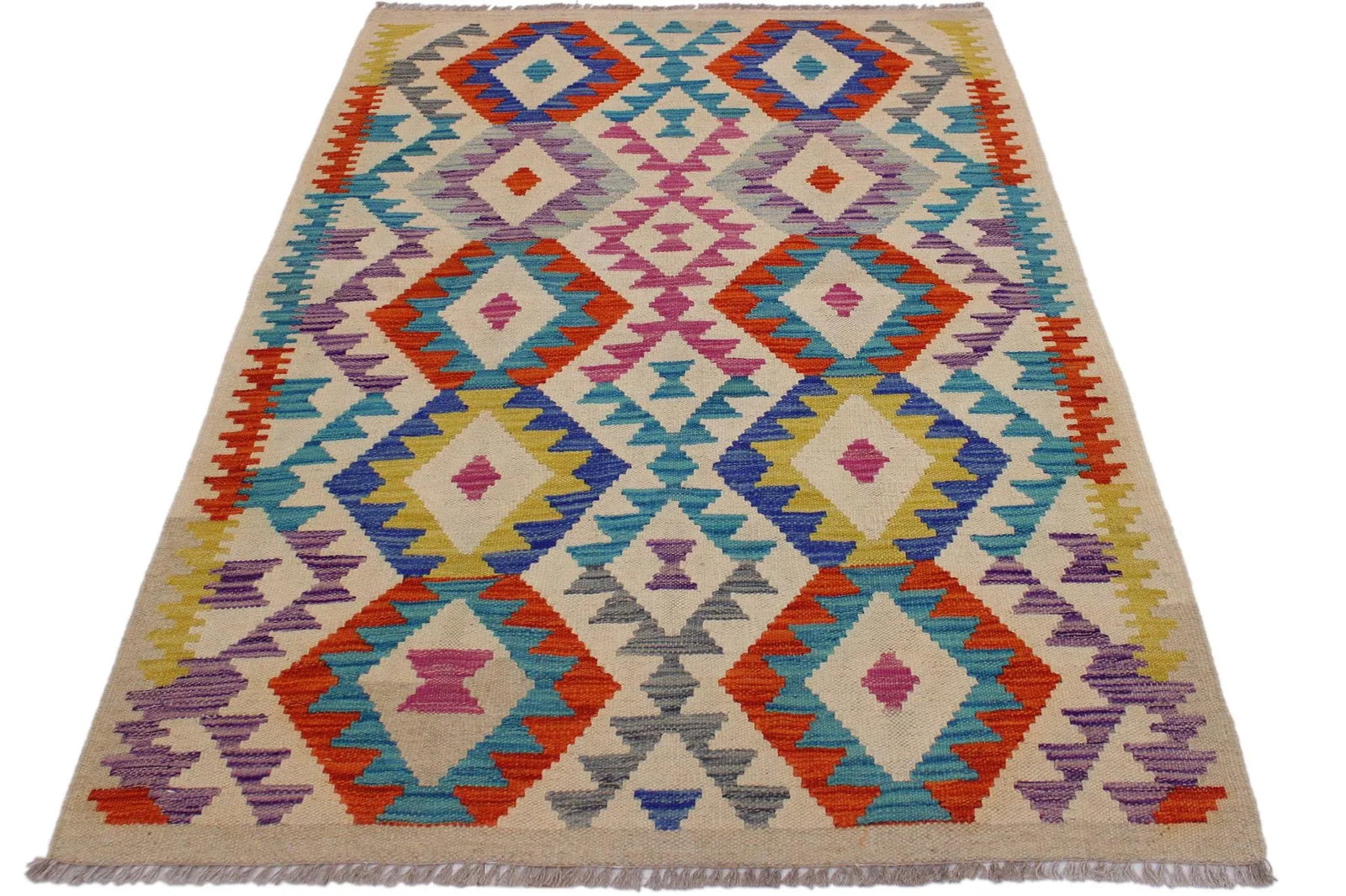 Tribal Kilim Ivory/Blue Hand-Woven Wool Rug - 3'2 X 4'9 - 5