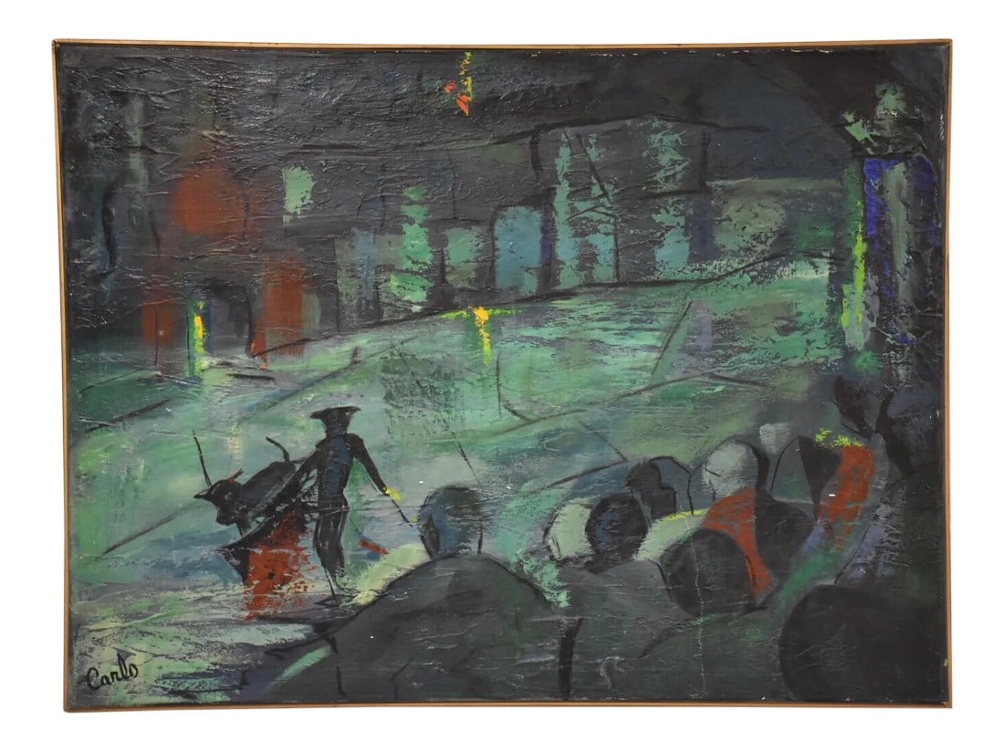 Carlo of Hollywood Oil on Canvas Painting: A mid century modern impressionist oil on canvas painting by Carlo of Hollywood. Two small punctures shown in photos. 48.5" wide. 2" deep. 36.5" tall. Condition: Alterations: Original Condition