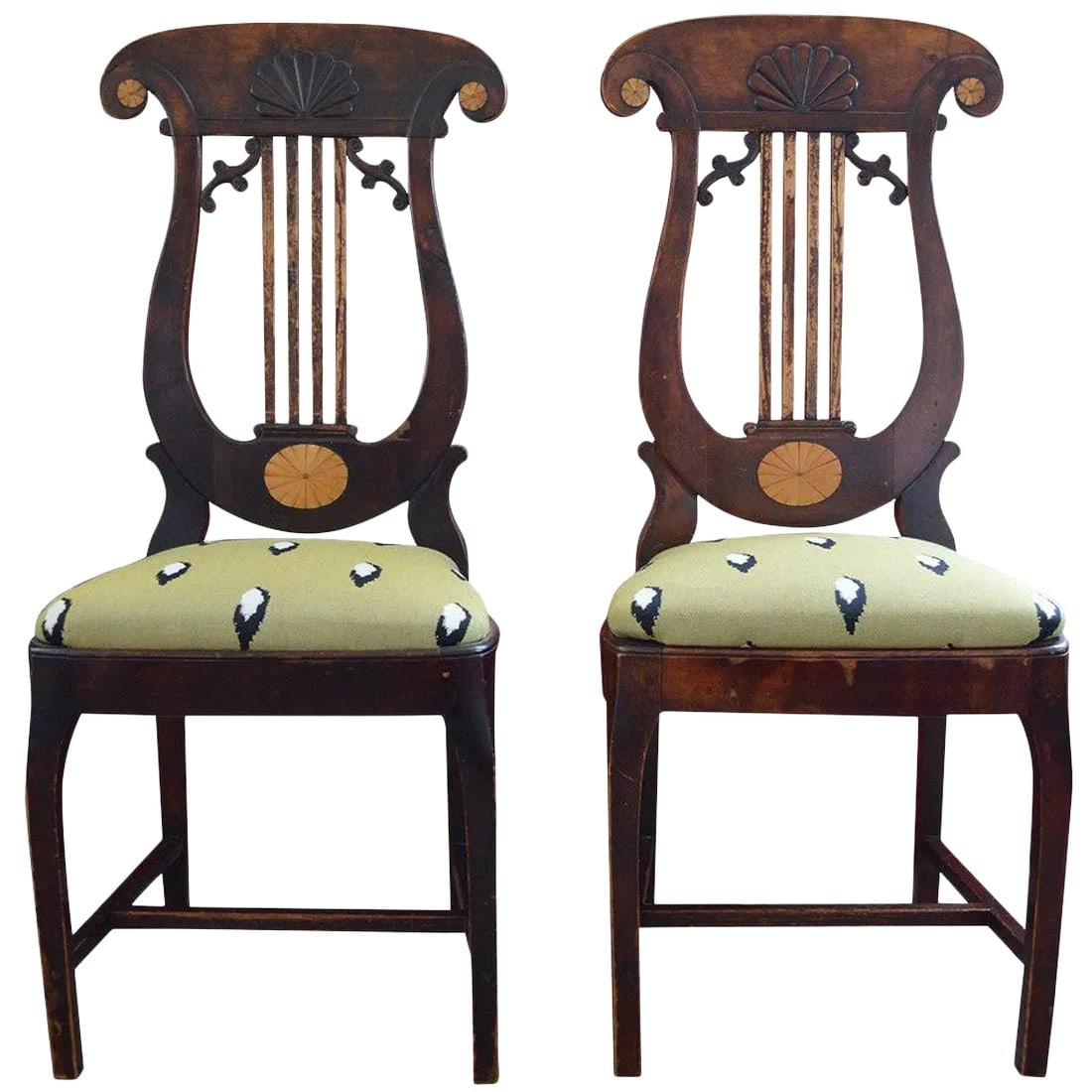 Pair of Antique Russian Empire Side Chairs: Pair of Russian Empire Side Chairs - Original untouched finish newly reupholstered seat in Jim Thompson fabric. Condition: Alterations: Restored Imperfections: Some Imperfections Condition Notes: Good