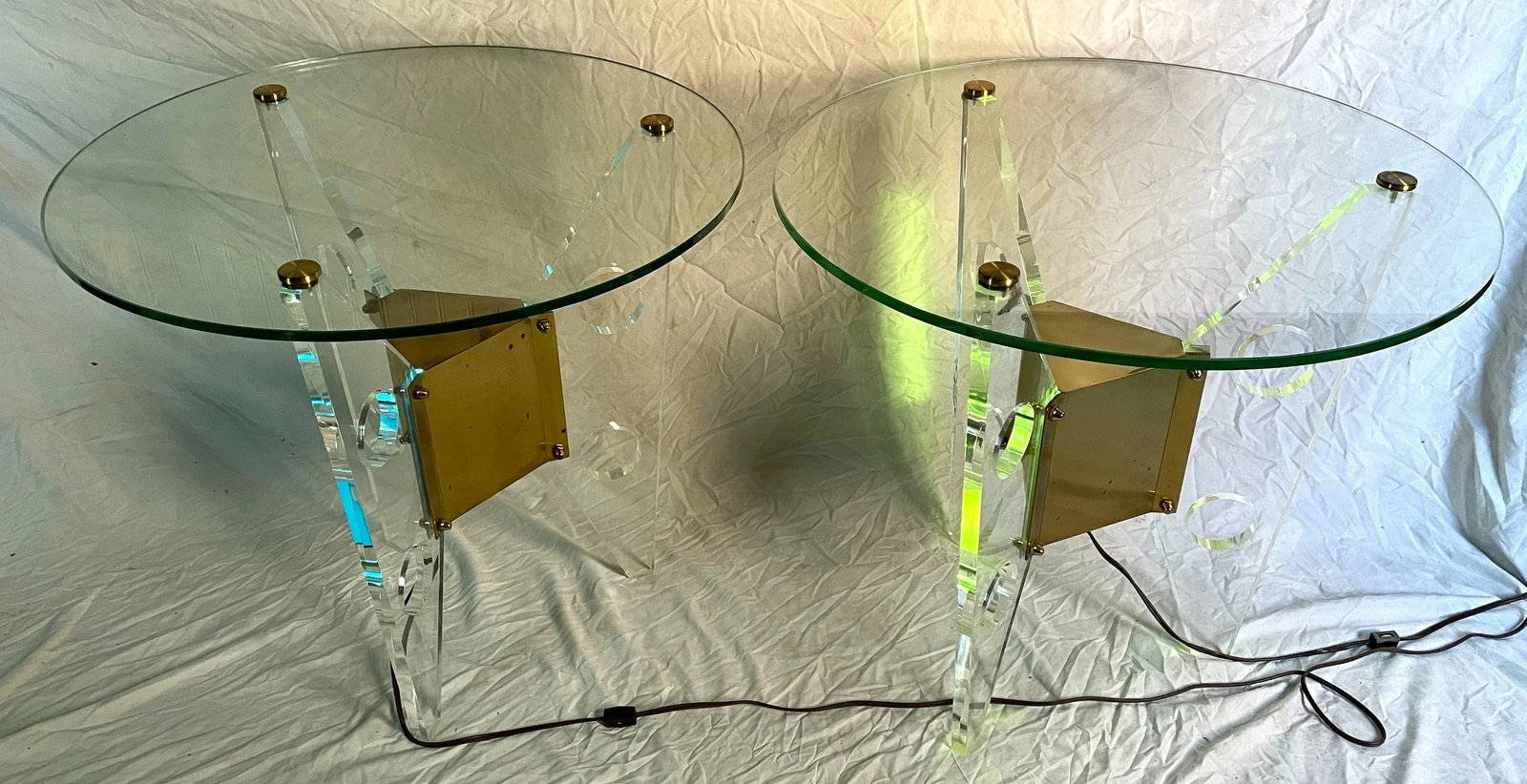 Mid 20th Century Dorothy Thorpe Illuminated Pair Side/End Tables Lucite Base Round Glass Top - 2
