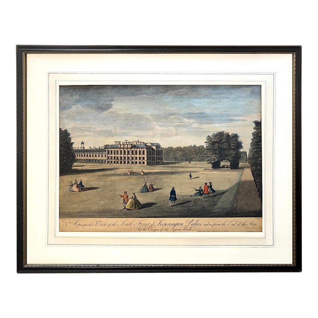 Neoclassical Engraving - Kensington Palace South View by Tinney - Early 19th Century: This etching engraving shows the south facade of Kensington Palace from the end of the slope by the verges of the Great Walk. First created in 1744 by engraver and retailer John Tinney after a
