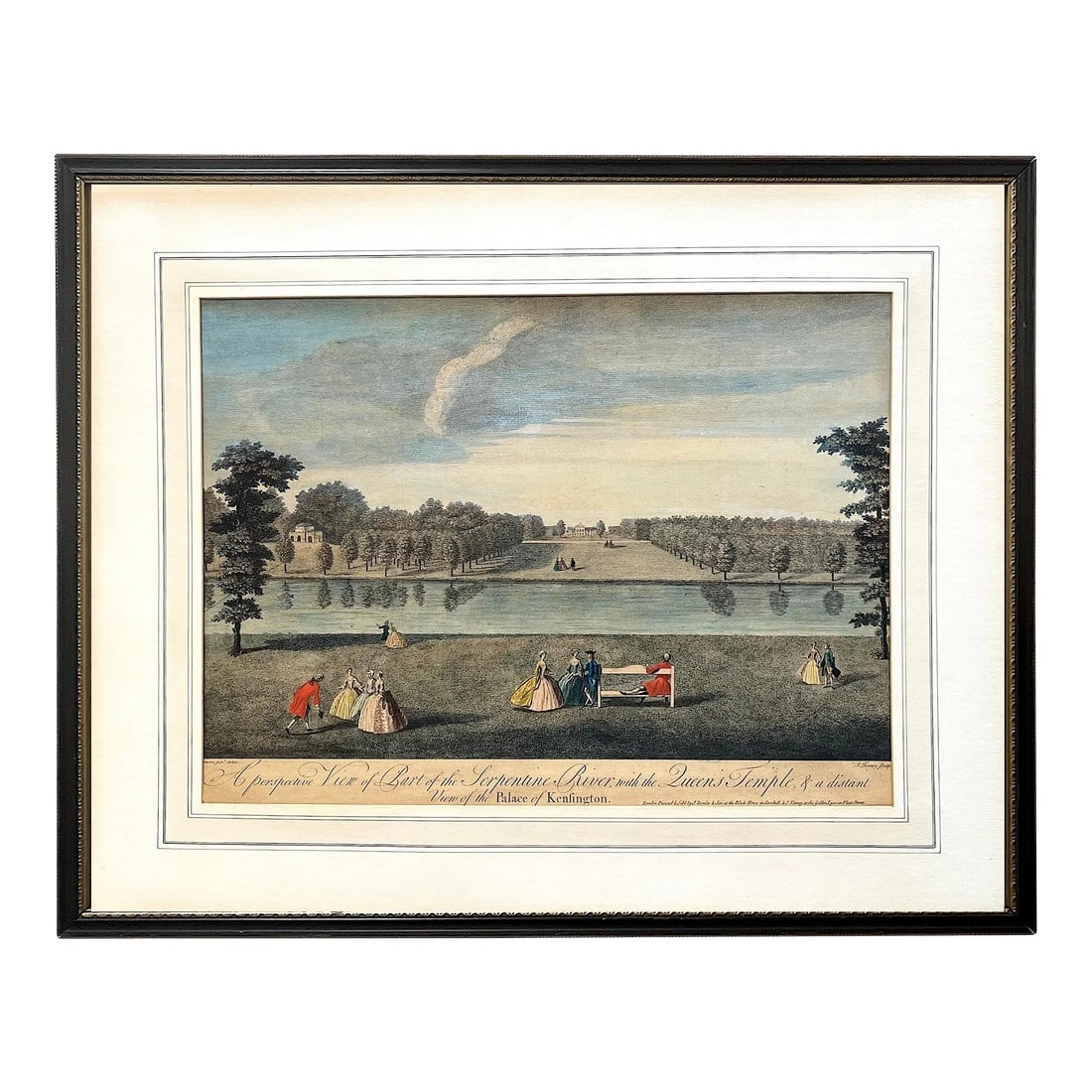 Neoclassical Engraving - Kensington Palace From the Serpentine by Tinney - Early 19th Century: This etching engraving shows a distant view of Kensington Palace and the Queen's Temple from the Serpentine River First created in 1744 by engraver and retailer John Tinney after a painting by