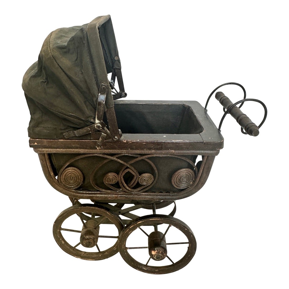 Vintage Victorian Doll Carriage: Vintage Victorian Doll Carriage with wicker detail on sides and back. Body is wood with a folding top. Super cute for display in girls room. 11.5in h to handle 12in d x 7.5in w to wheel 15.25in h to
