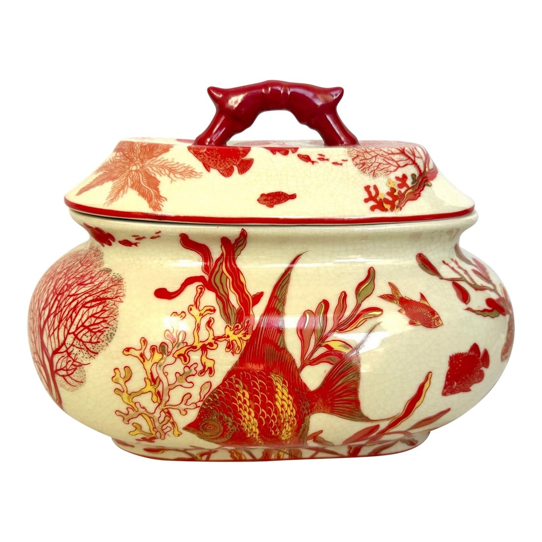 Vintage Chinese Ceramic Decorative Container: Vintage Chinese Ceramic Decorative Dish/Container. Beautiful red and cream color with hints of gold and has a crackle finish undertone. Perfect for a console table or entry way. 13in w x 8.5in x