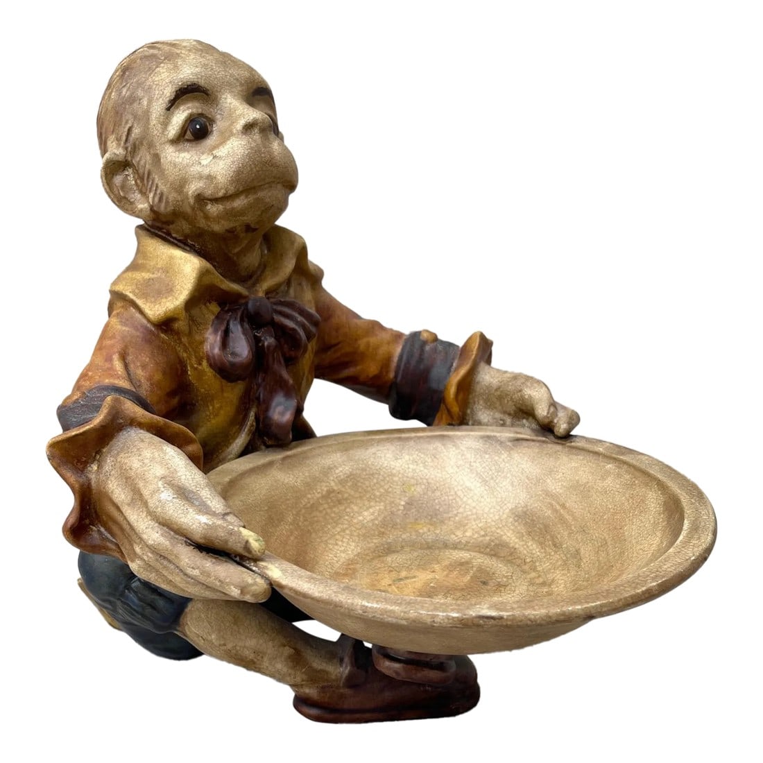 Vintage Ceramic Majolica Monkey Trinket Dish: Vintage Ceramic Majolica Monkey Trinket Dish. Super cute monkey holding a dish, great on a entry table for keys or bedside table for mints etc. 10in w x 13in d x 10.5in h 8in round bowl Make sure to