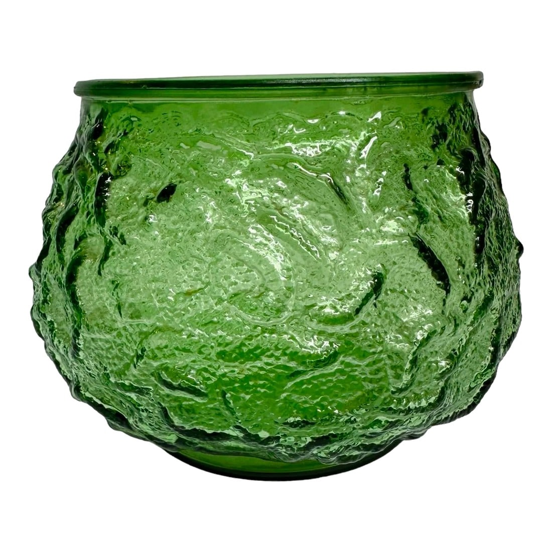 Vintage Green Crinkle Glass Vase: True green round squatty glass vase in fun mid-century modern crinkle texture. Doubles well as a bowl or catch-all. By E.O. Brody Cleveland, Ohio Excellent condition. Collect them all! Please see sepa