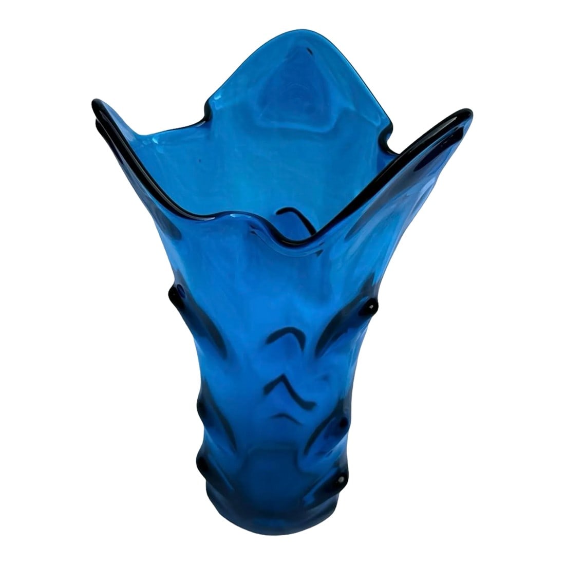 Mid 20th Century Tundra Bleunique Swing Art Glass Vase: In the style of Viking Art Glass -Tundra design. A striking bluenique hand blown glass vase. Handkerchief or swing style of pulling the blown glass. Sticker is missing 13.5" tall x 6.5" wide at