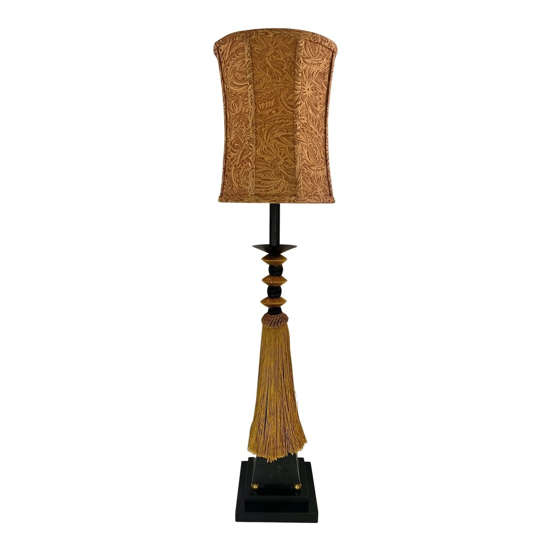 Vintage Tyndale Art Deco Style Tassel Column Table Lamp: Introducing the Vintage Tyndale Art Deco Style Tassel Column Table Lamp by Tyndale Lighting of Chicago. This exquisite lamp features a timeless design with a black square base adorned with elegant bra