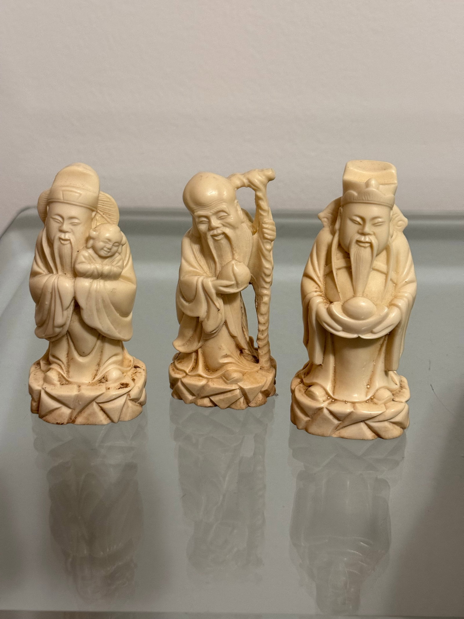 Vintage Carved Resin Chinese Sanxing Deity Figurines, Fuk, Luk, and Sau, Taoist Icons of Blessings, - 10