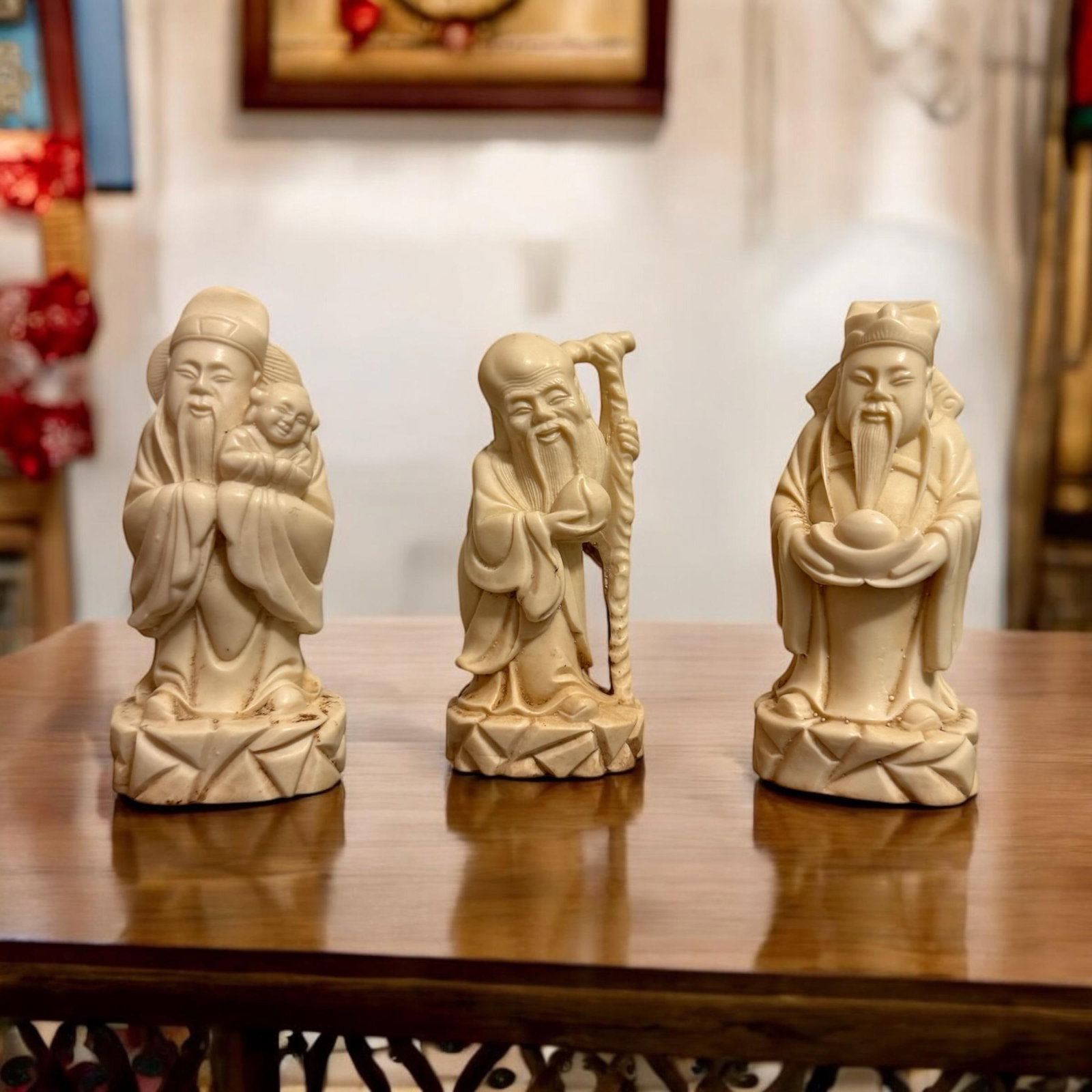 Vintage Carved Resin Chinese Sanxing Deity Figurines, Fuk, Luk, and Sau, Taoist Icons of Blessings, - 2