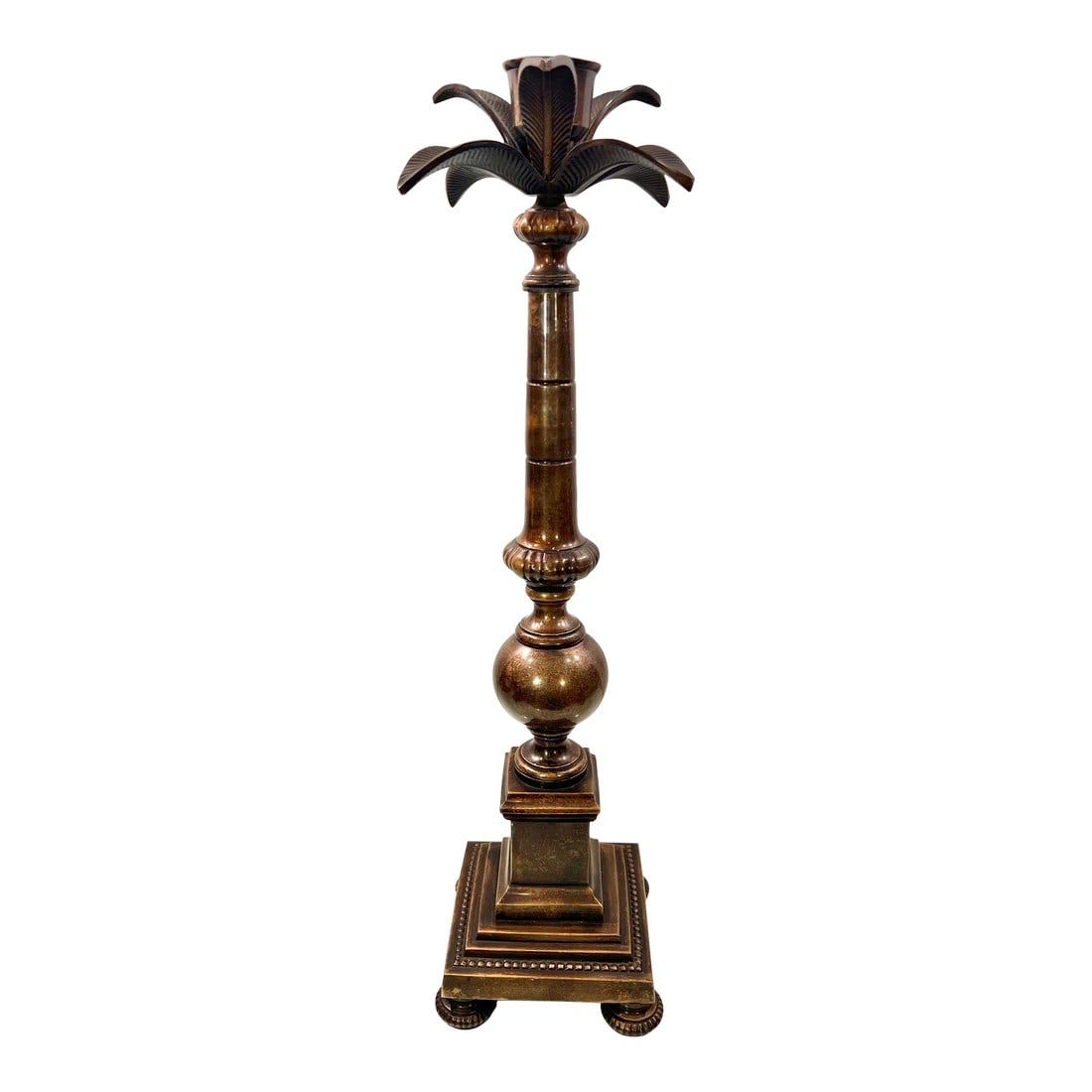 Vintage Large Patinated Brass Palm Tree Column Candlestick Holder: Introducing this exquisite Vintage Palm Beach Regency Large Patinated Brass Palm Tree Column Candlestick Holder! This stunning piece features a square graduated footed base that rises to a