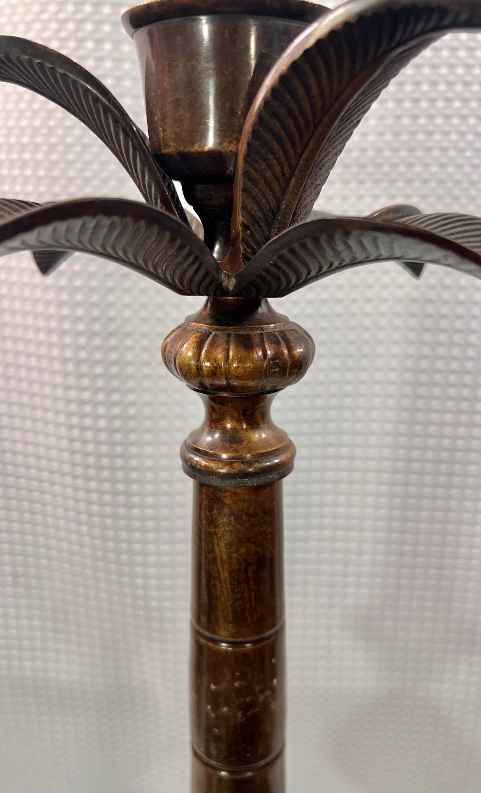 Vintage Large Patinated Brass Palm Tree Column Candlestick Holder - 5