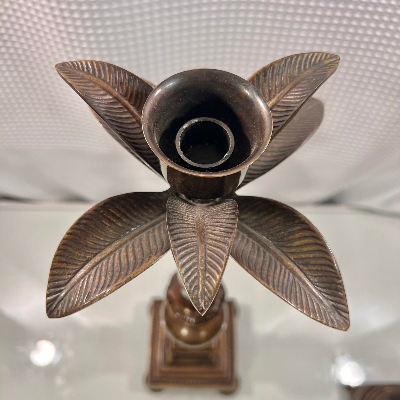 Vintage Large Patinated Brass Palm Tree Column Candlestick Holder - 6