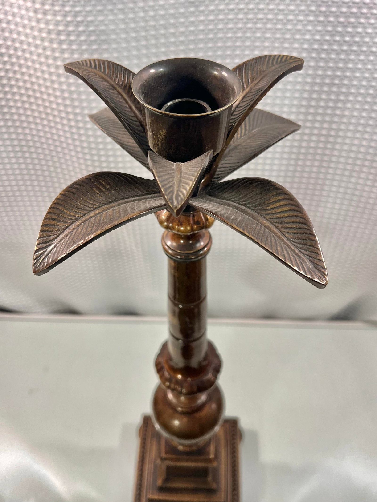 Vintage Large Patinated Brass Palm Tree Column Candlestick Holder - 7
