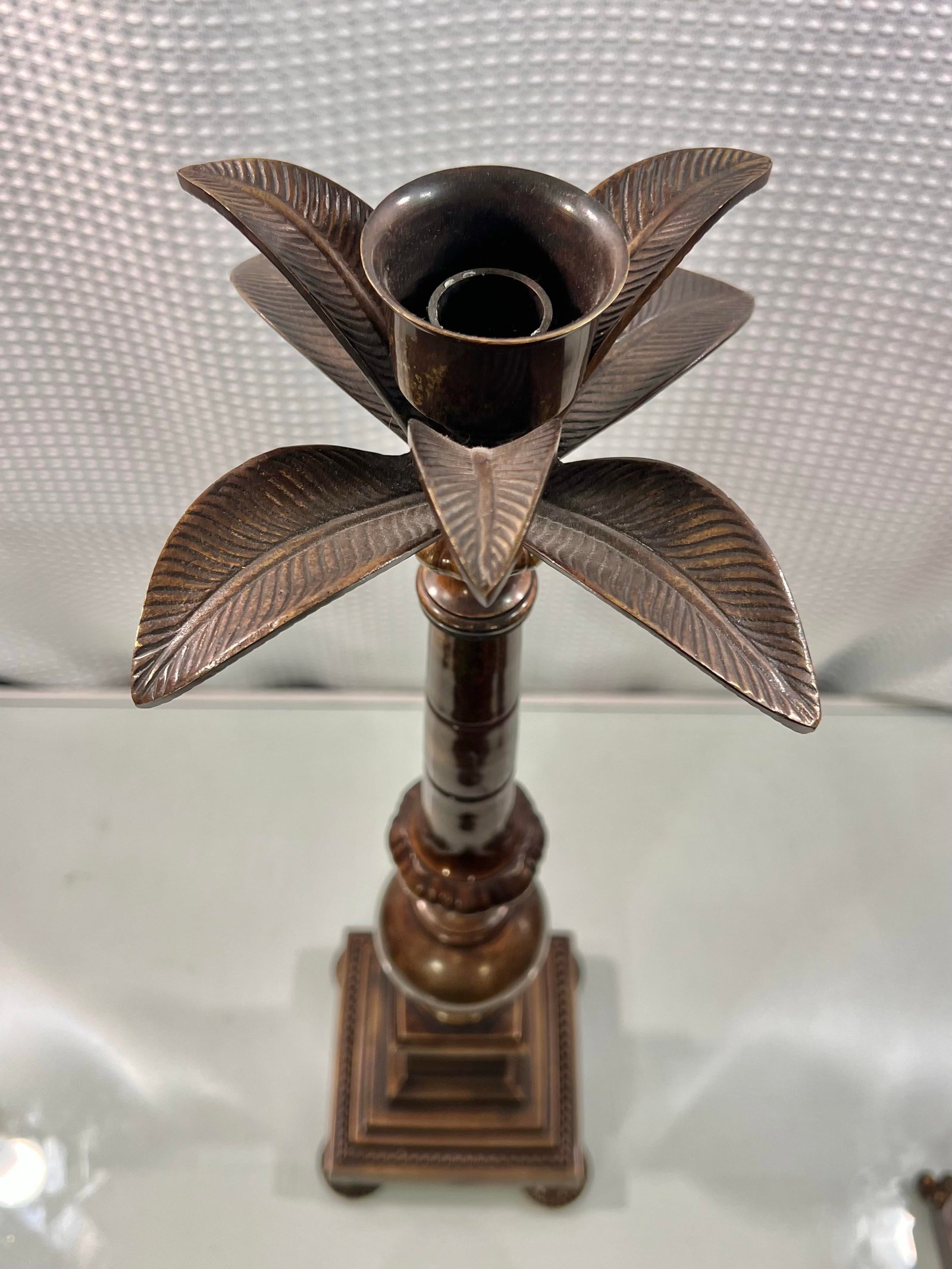 Vintage Large Patinated Brass Palm Tree Column Candlestick Holder - 8