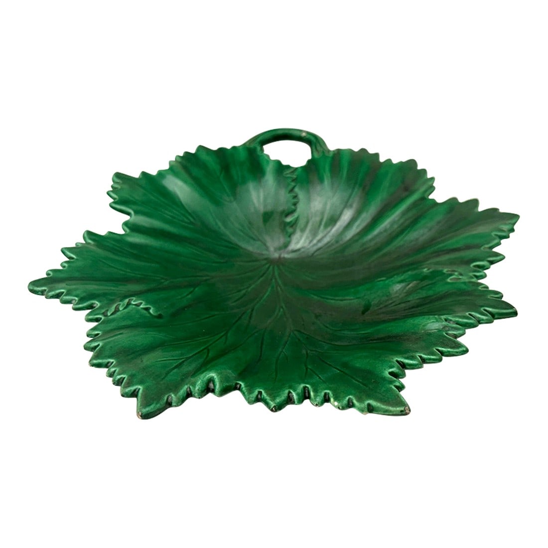 Antique Hornberg Green Majolica Leaf Serving Dish: Vintage Hornberg Majolica Green Leaf Serving Dish. Perfect to mix and match with other green dishes listed in my shop. Perfect for a garden party. Glazed in a deep, luscious green, showing an
