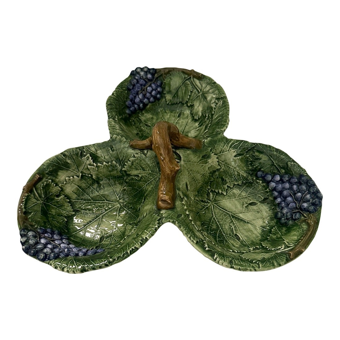 Green Grape Leaf Divided Dish: Vintage Del Veneto Divided Dish in a grape leaf & grape relief pattern throughout with a brach as the handle. Great for a garden party displayed with candy or relish dish. Mix & match with the other g
