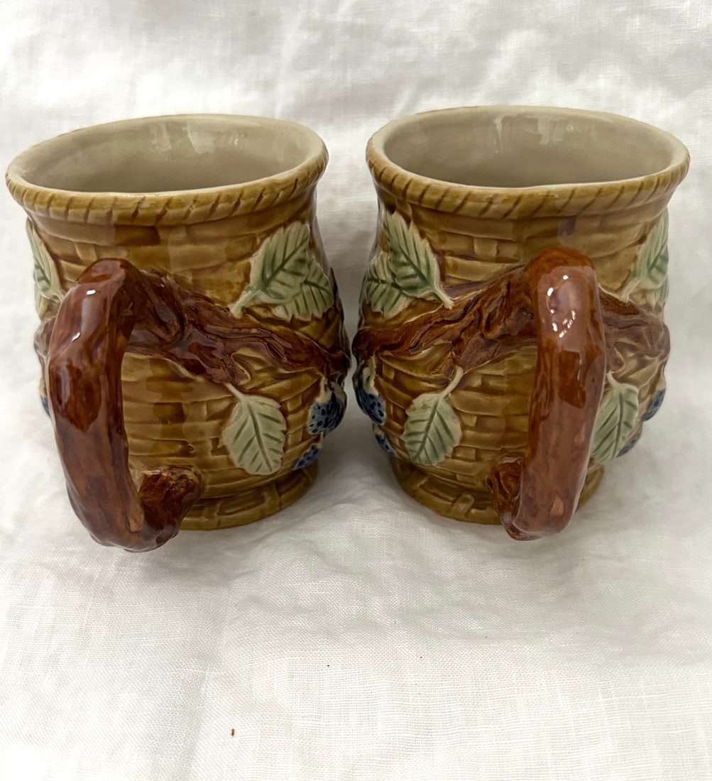 Vintage Set of 2 Majolica Blueberries/Basketweave Mugs - 2