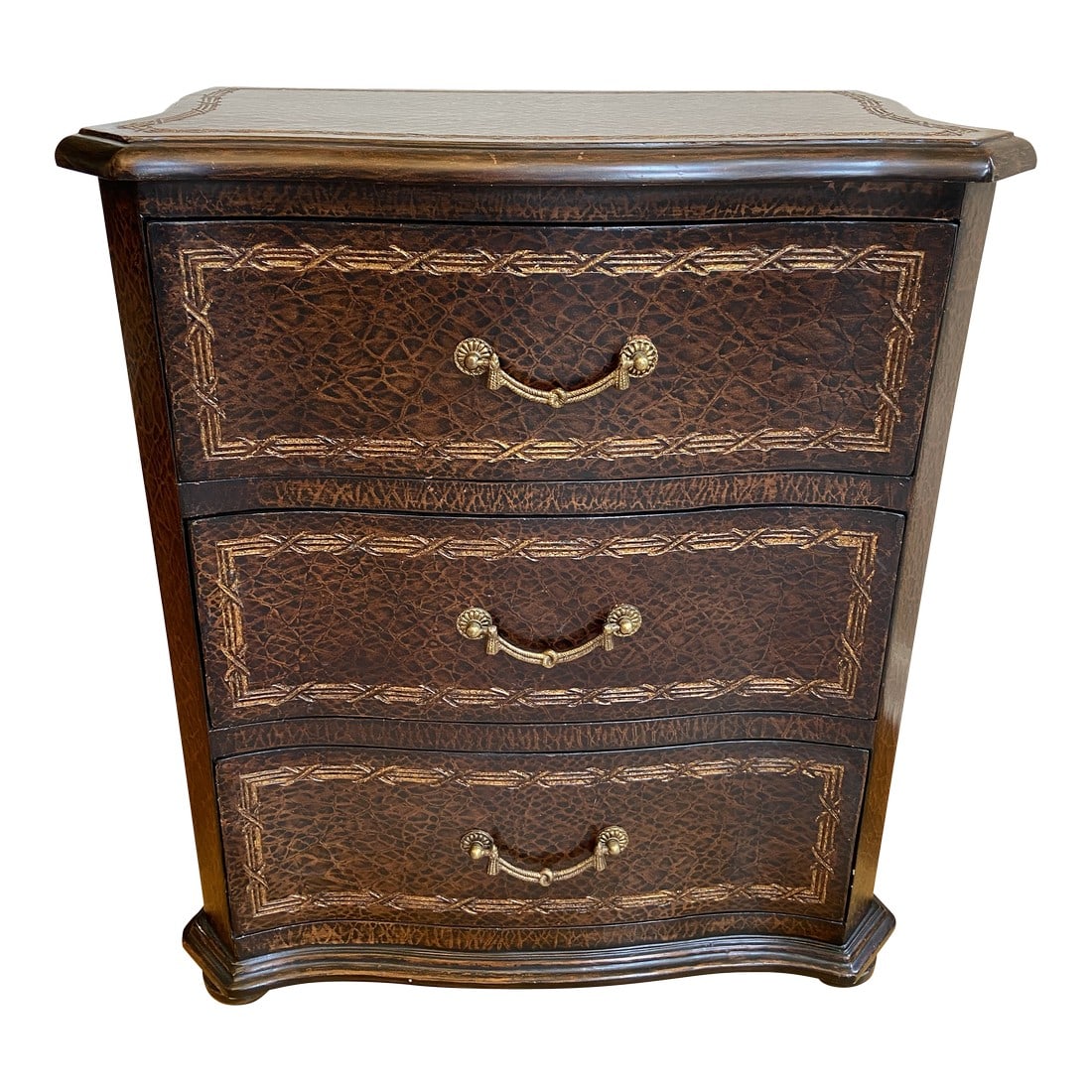 3-Drawer Chest With Faux Leather Finish: Quick Hits: Item: 3-Drawer Chest or File Cabinet with Faux Leather Embossed Drawers Style: Regency Period: Early 2000s Condition: Good used condition, with minor blemishes More About This Item: This