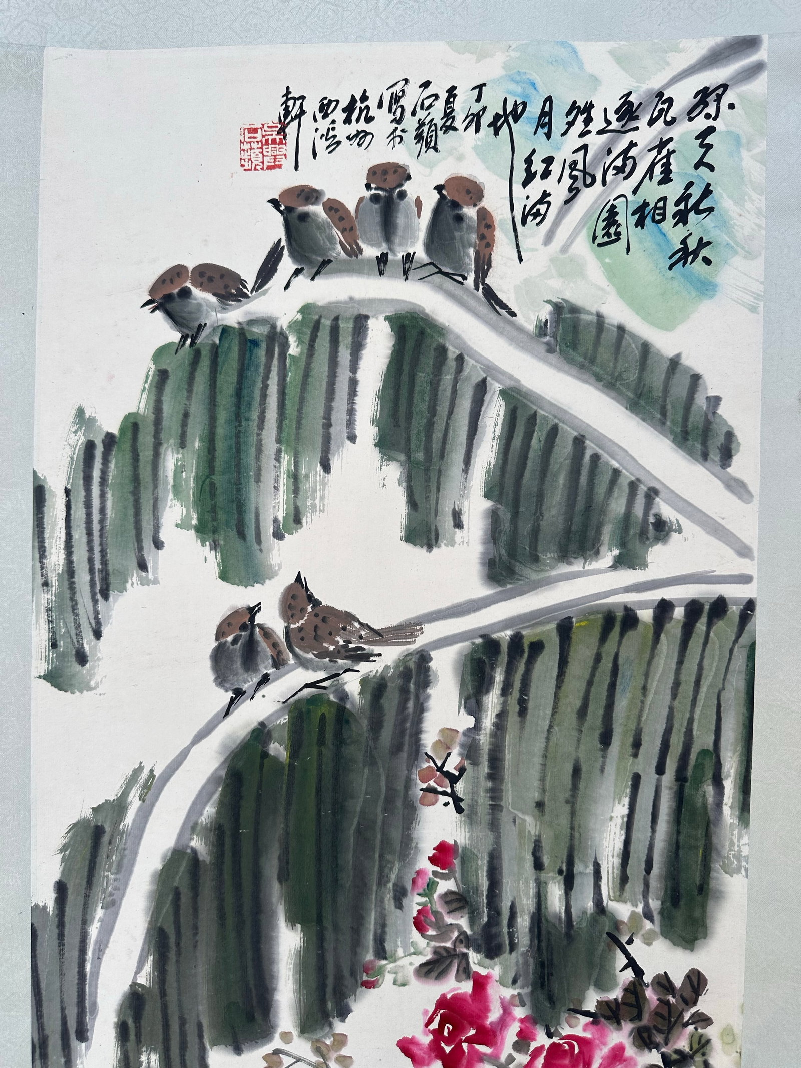 Vintage 1987 Large Chinese Ink Painting Hanging Scroll - 4