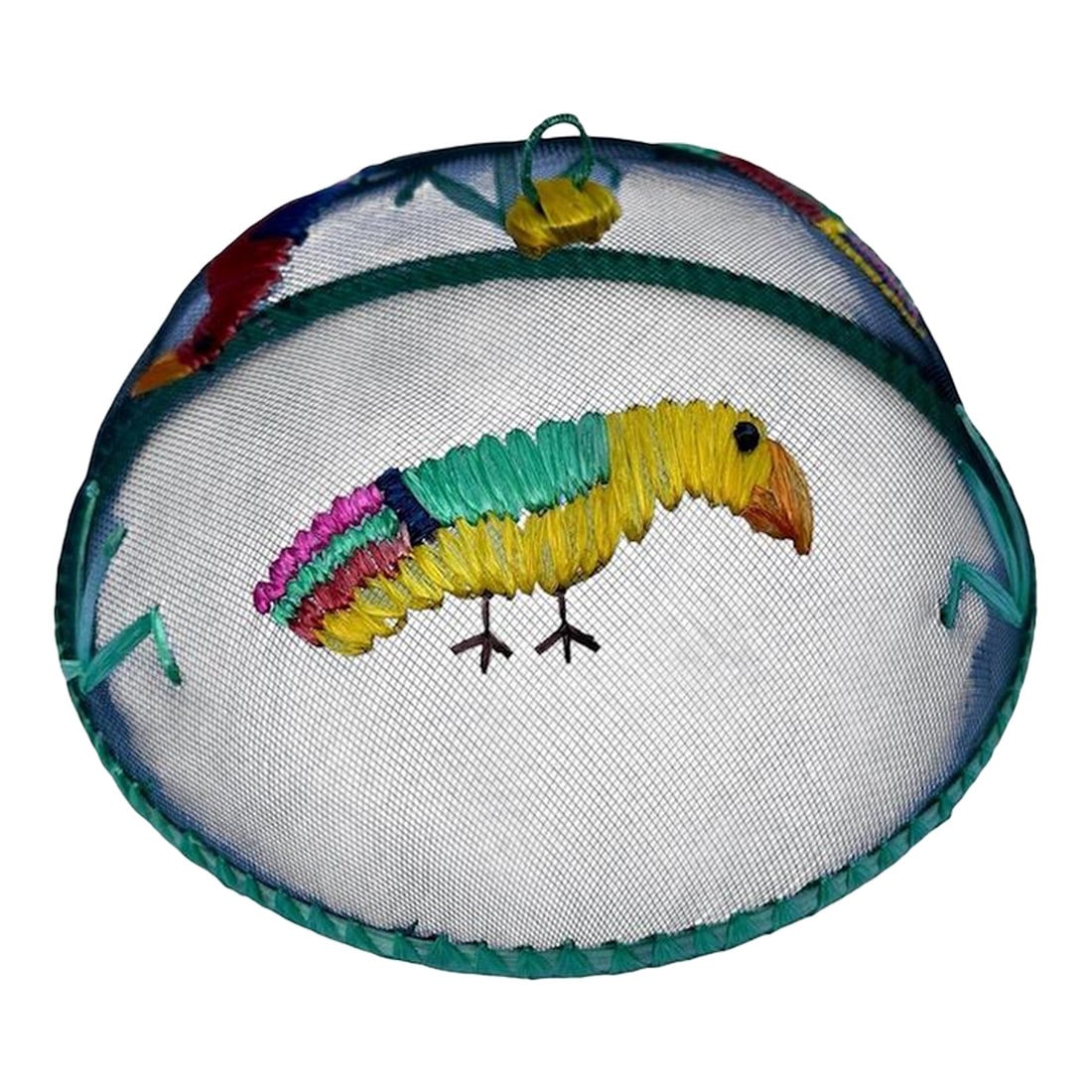 Vintage Mesh & Raffia Picnic Platter Cover Cloche: Vintage Mesh and Seagrass Parrot Motif-Food Cover Perfect for outdoor dining picnics. A bright and charming protective cloche to keep bogs away inside our out. Circa 1960s. Adorned with three