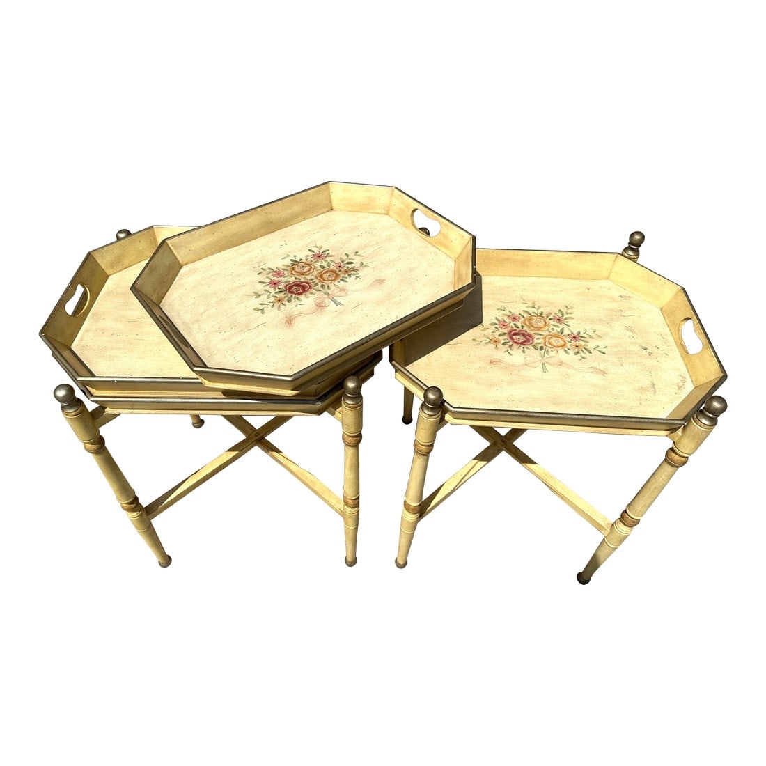 Vintage French Provincial 2-Tier Bar Cart: Vintage French Provincial Bar Car in yellow and gold with floral bouquet in middle., handle cutouts and easy to store if you don't need to use at all times just fold on up. Great if you add wheels.