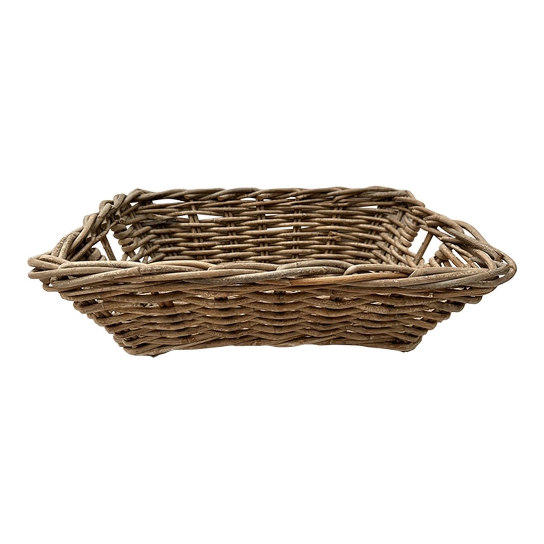 Woven Thick Woven Rattan Greige Tray Basket: Woven thick rattan tray basket in greige color. as cut outs on the ends for handles. perfect for bbq's for napkins or utensils. 13.75in d x 19w x 6.25in h Make sure to follow me, I have flash sales