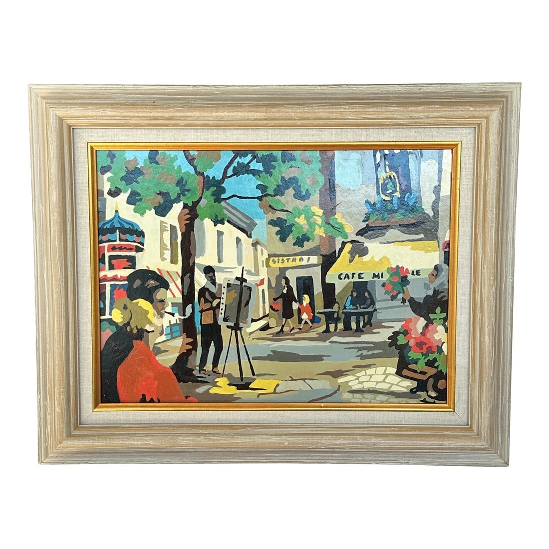 Midcentury Paris Street Painting: xperience the lively streets of Paris with this captivating midcentury painting on board. Bursting with vibrant colors, this artwork beautifully captures the essence of Parisian life with artists,