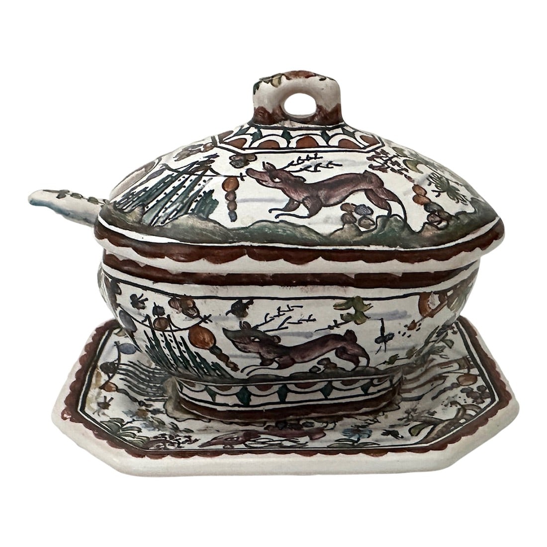 Vintage Estrela De Conimbriga Hand Painted Mini Tureen W/Spoon-3piece: Vintage Estrela de Conimbriga Mini Tureen w/Spoon & Plate. Dog deer whimsical print, Hand painted in Portugal signed on bottom. tureen-3.75 w x 3in d x 3.5inh plate-475in. w x 3.75in d Make sure to fo
