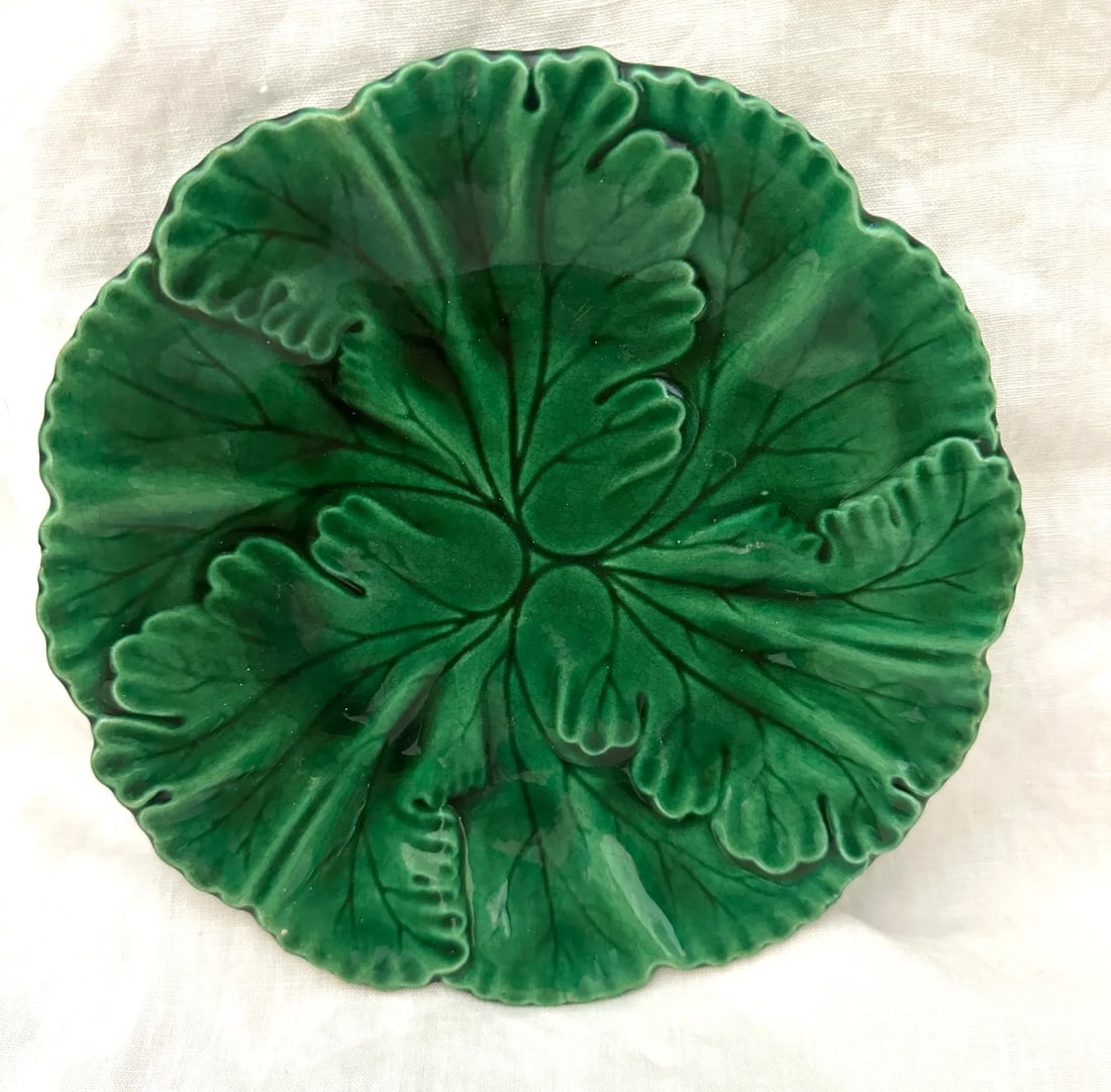 French Majolica Glazed Green Leaf Plate - 2