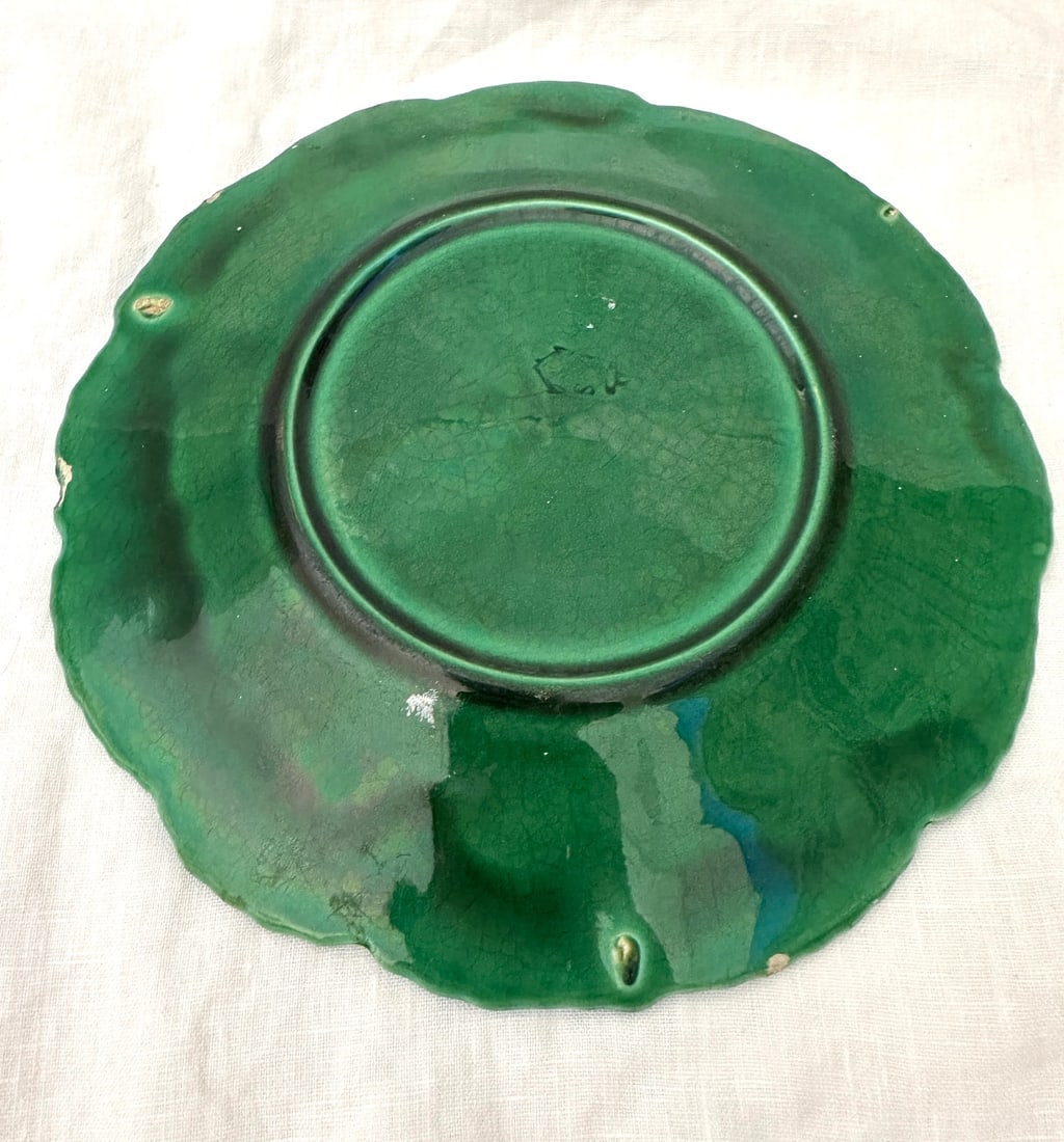 French Majolica Glazed Green Leaf Plate - 4