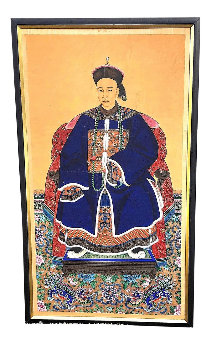 Monumental Chinese Ancestral Portrait: During the Qing Dynasty (1644-1912) every important family honored their ancestors via portraits such as this. Standing at over five feet high it is painted on paper mounted on a silk roll then
