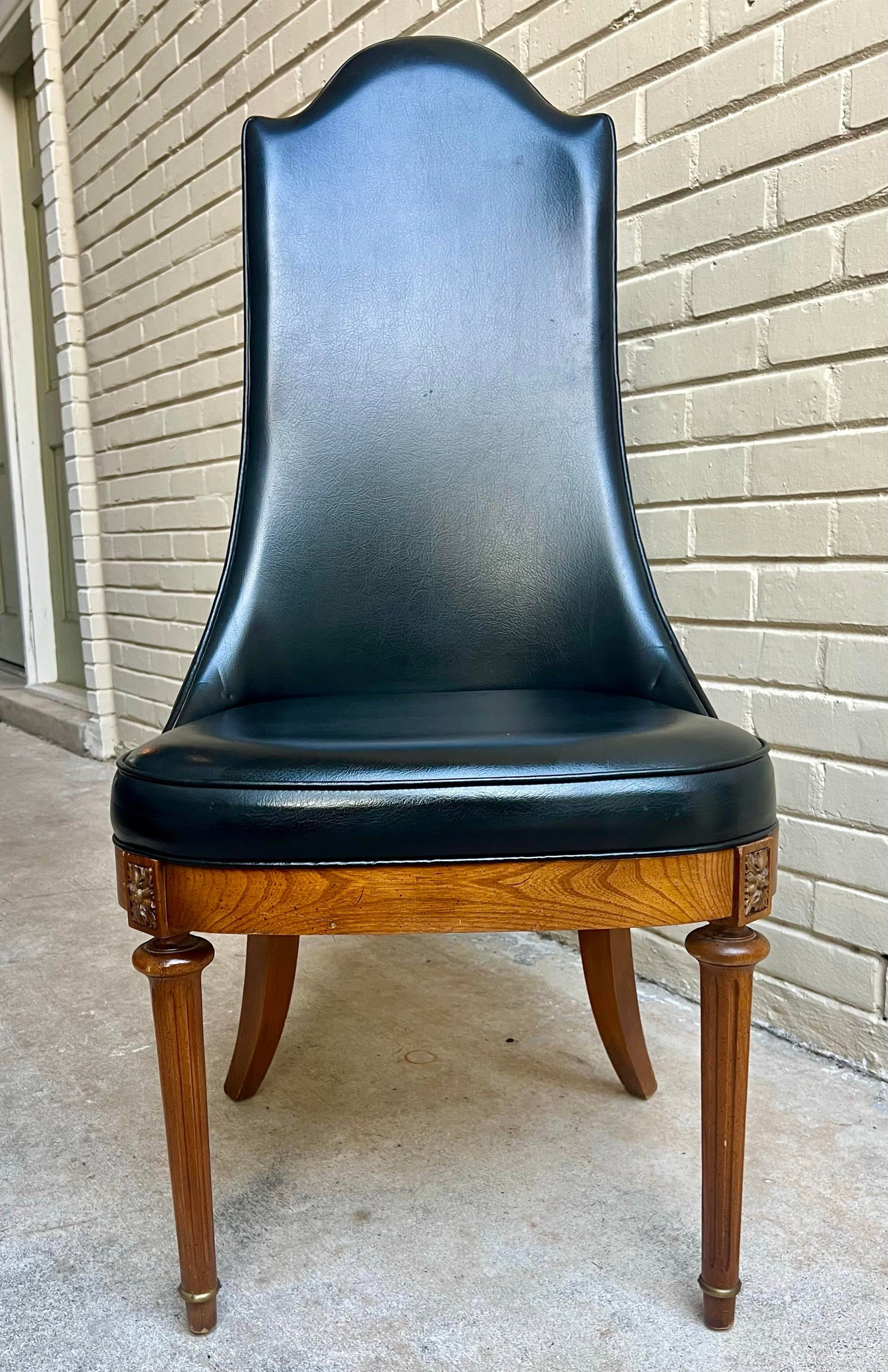 Chic Vintage Hollywood Regency Black Leather Side Chair With Brass Handle - 2