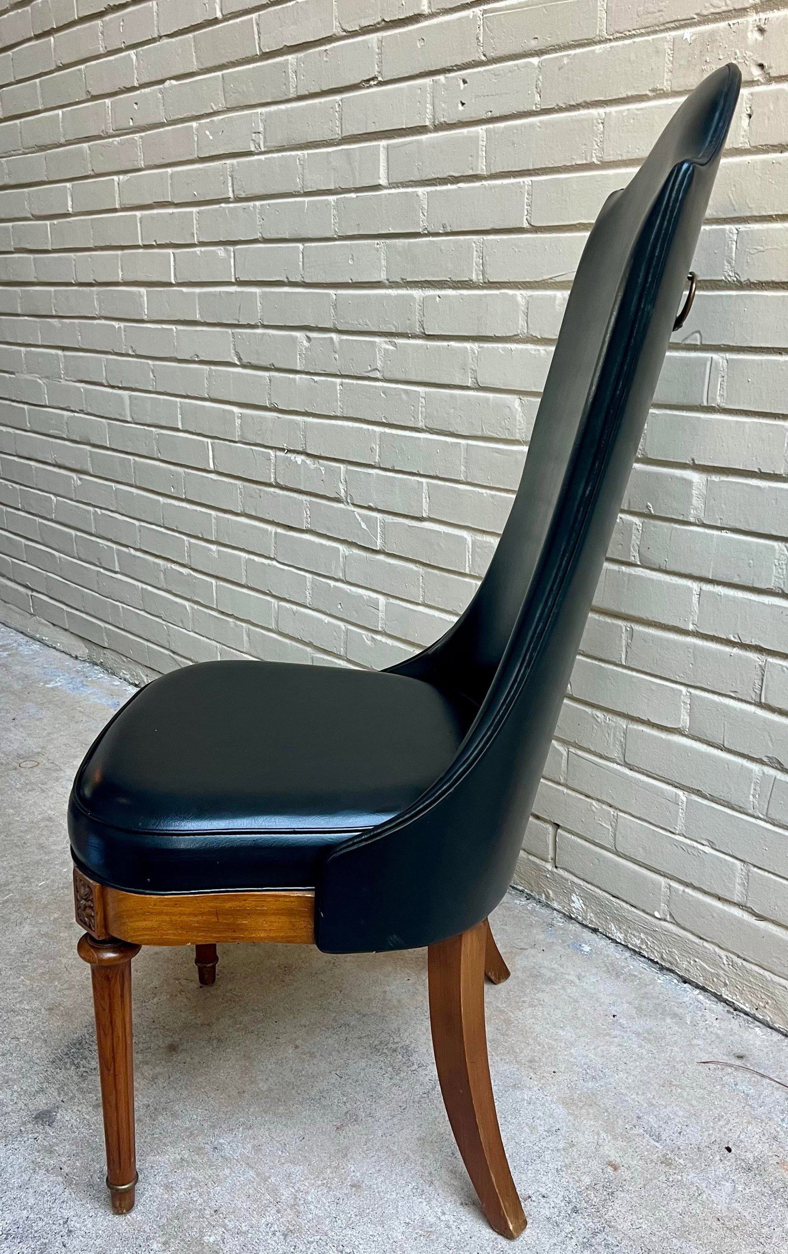 Chic Vintage Hollywood Regency Black Leather Side Chair With Brass Handle - 7