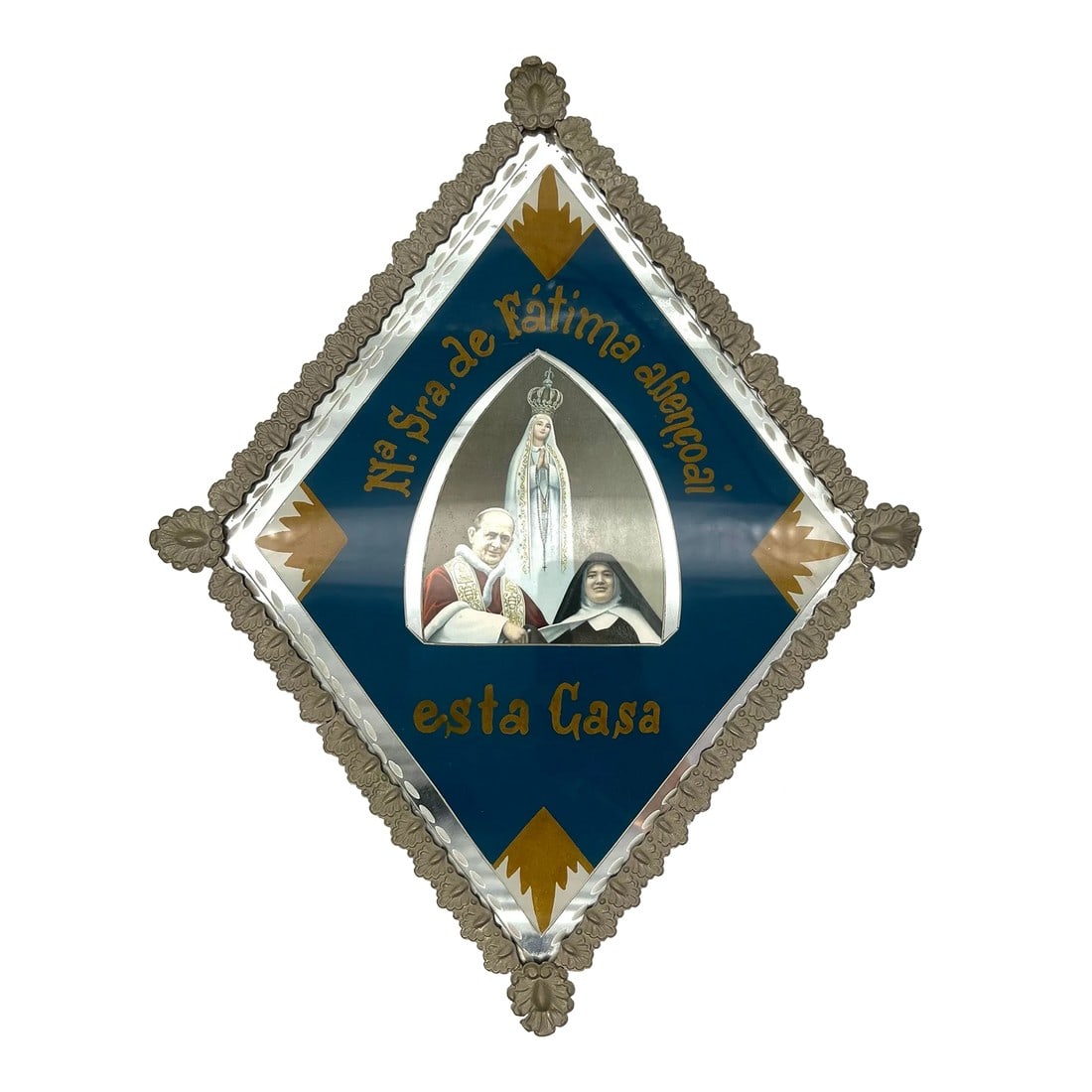 Vintage Silver & Glass Portuguese Our Lady of Fatima Bless This House Sign: Vintage diamond shaped Bless This House sign. The glass sign is written in Portuguese. It says "Our Lady of Fatima Bless This House". The edge of the glass is etched and bordered with handcrafted