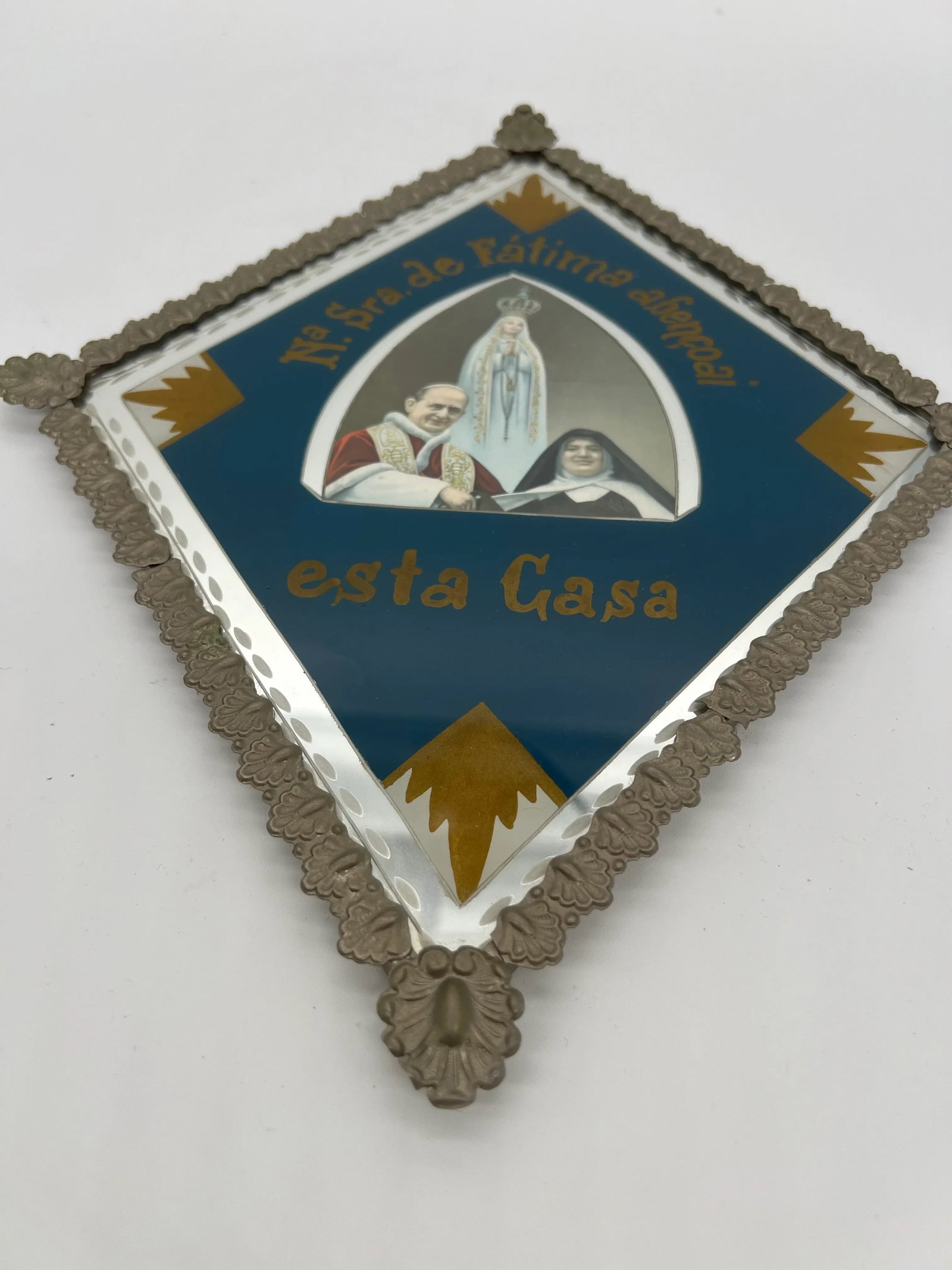 Vintage Silver & Glass Portuguese Our Lady of Fatima Bless This House Sign - 2